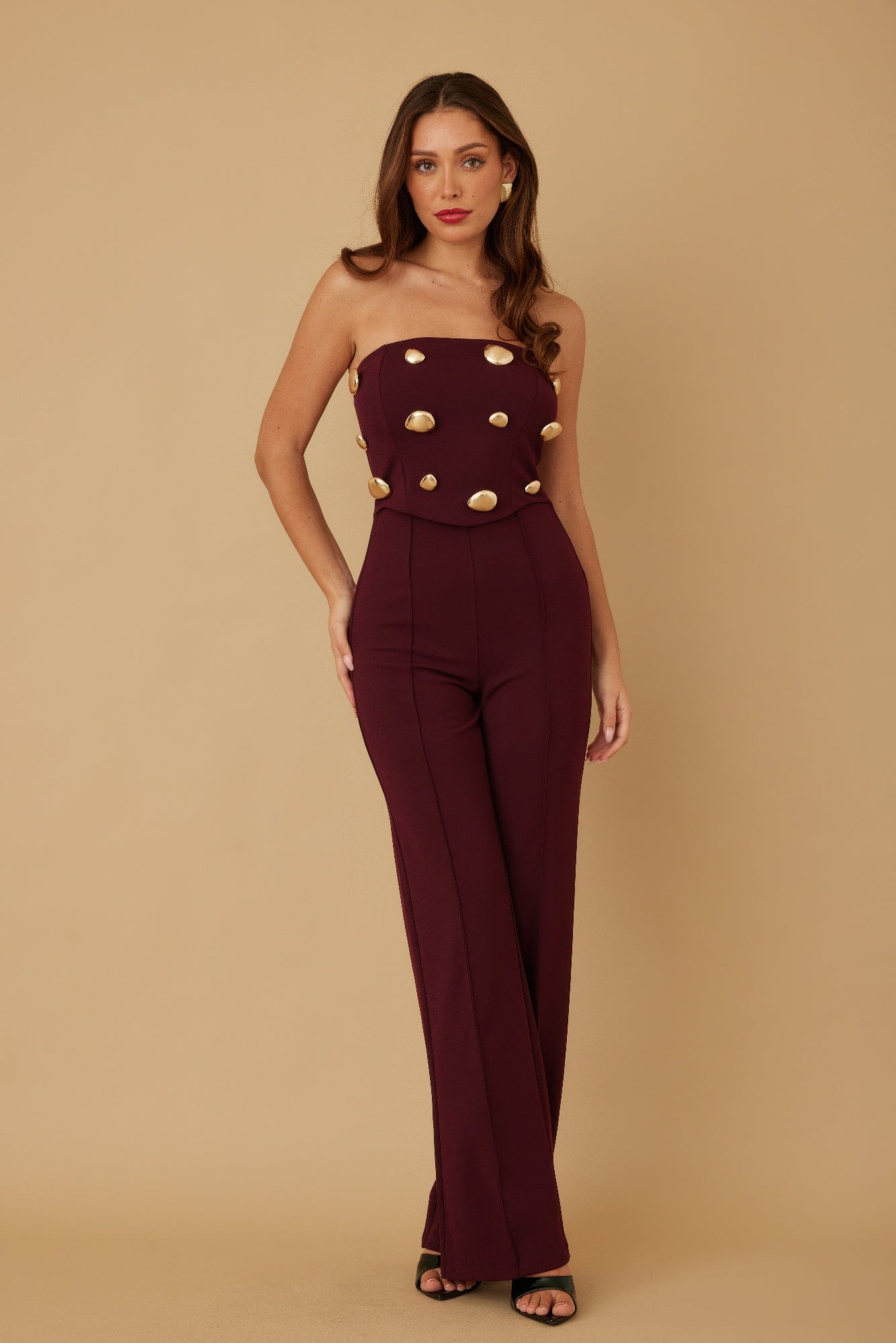 Mira Women's Jumpsuit | Strapless with Golden Stone Embellishments - Image 2