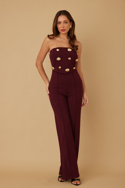 Mira Women's Jumpsuit | Strapless with Golden Stone Embellishments - Image 2