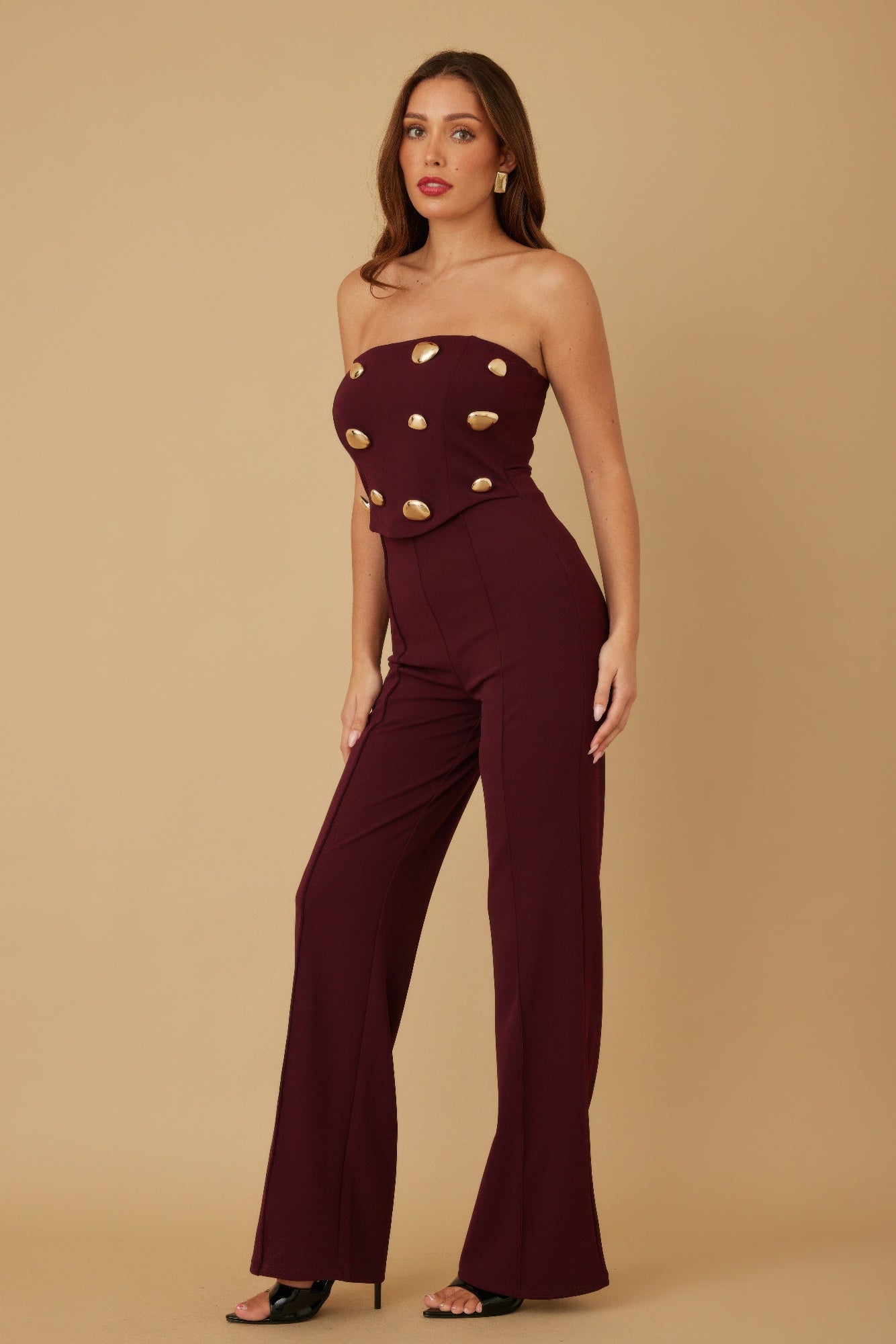 Mira Women's Jumpsuit | Strapless with Golden Stone Embellishments - Image 3