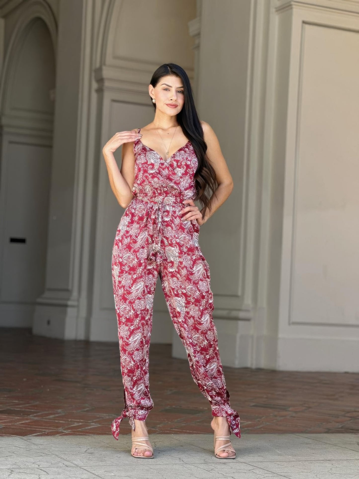 Women's Paisley Print Jumpsuit, Lightweight Wide-Leg Boho Summer Outfit, Wine