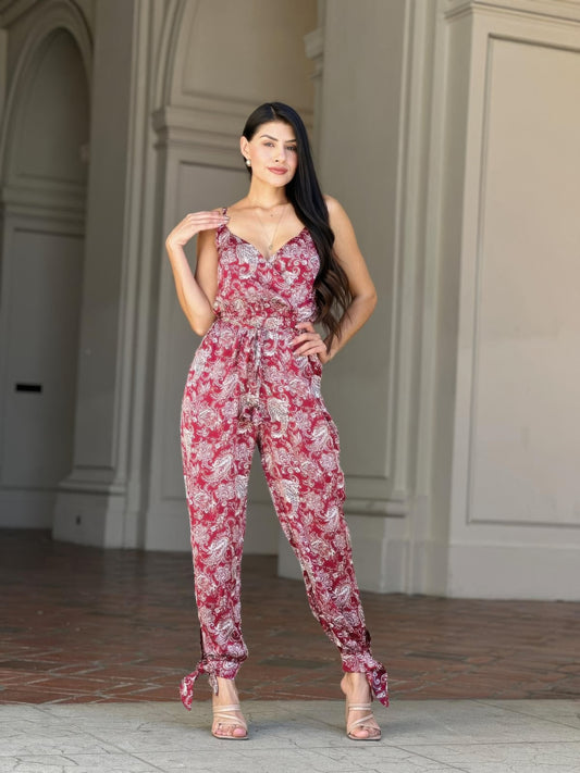Women's Paisley Print Jumpsuit, Lightweight Wide-Leg Boho Summer Outfit, Wine