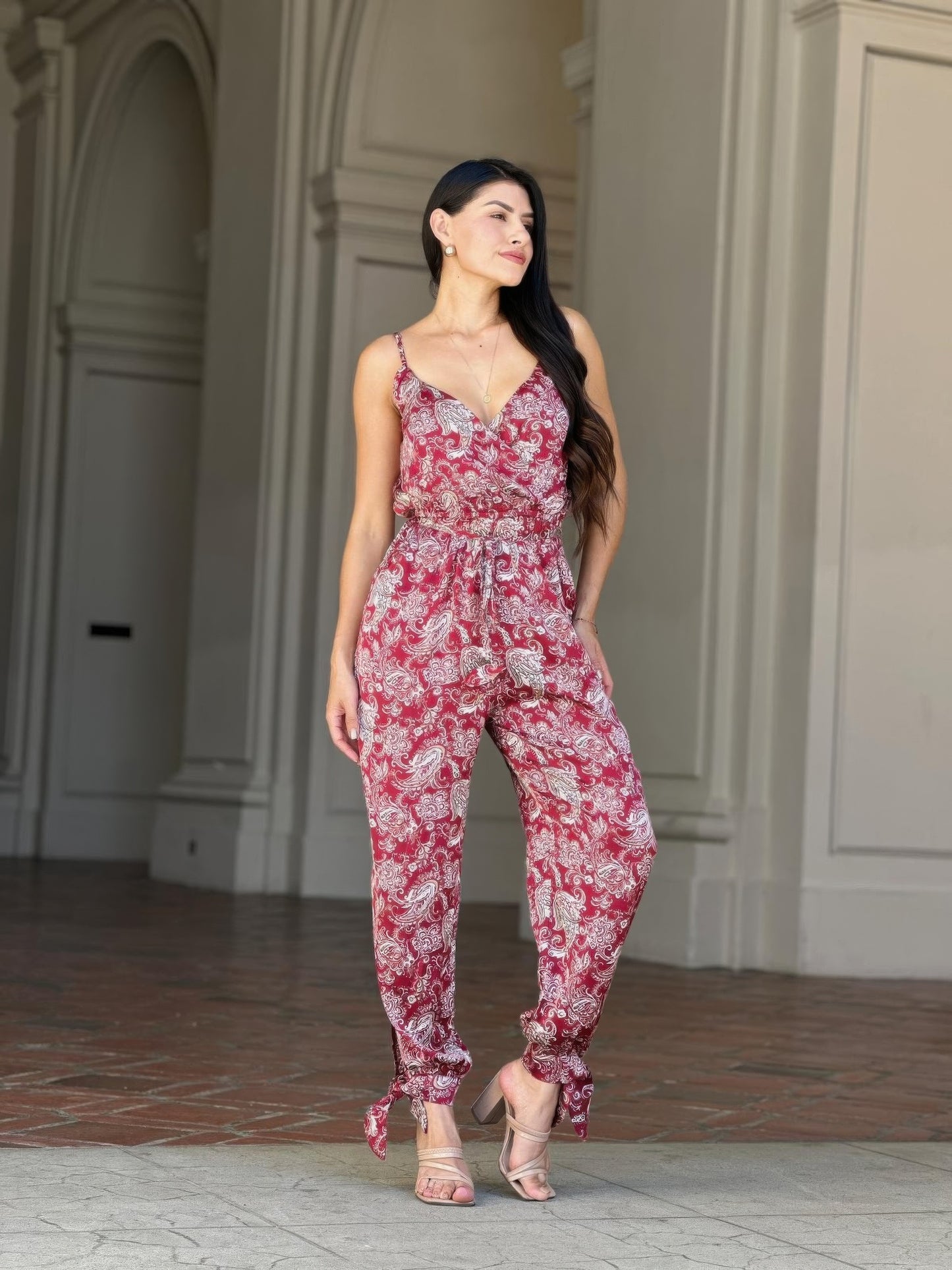 Women's Paisley Print Jumpsuit, Lightweight Wide-Leg Boho Summer Outfit, Wine - Image 2
