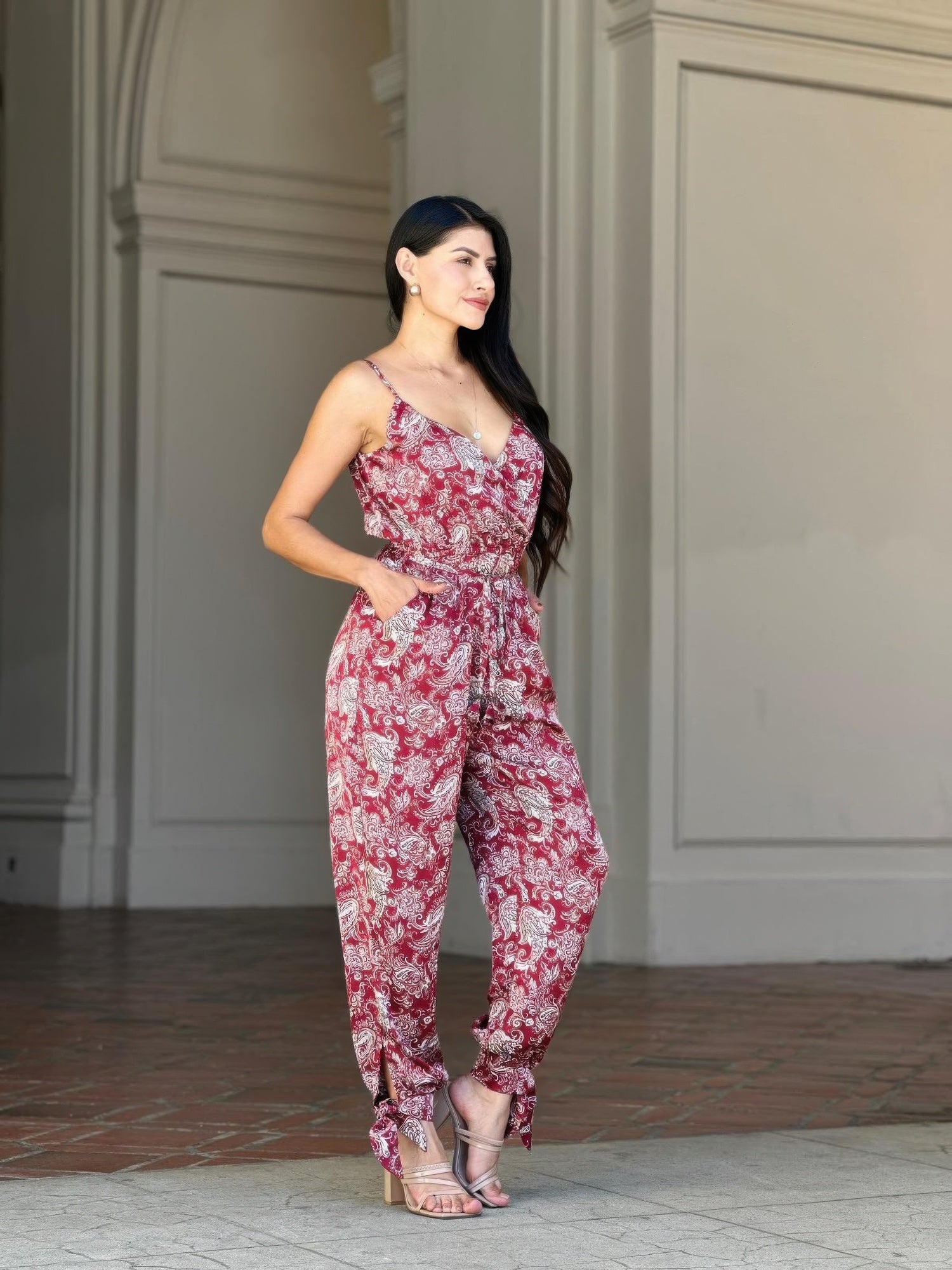 Women's Paisley Print Jumpsuit, Lightweight Wide-Leg Boho Summer Outfit, Wine - Image 3