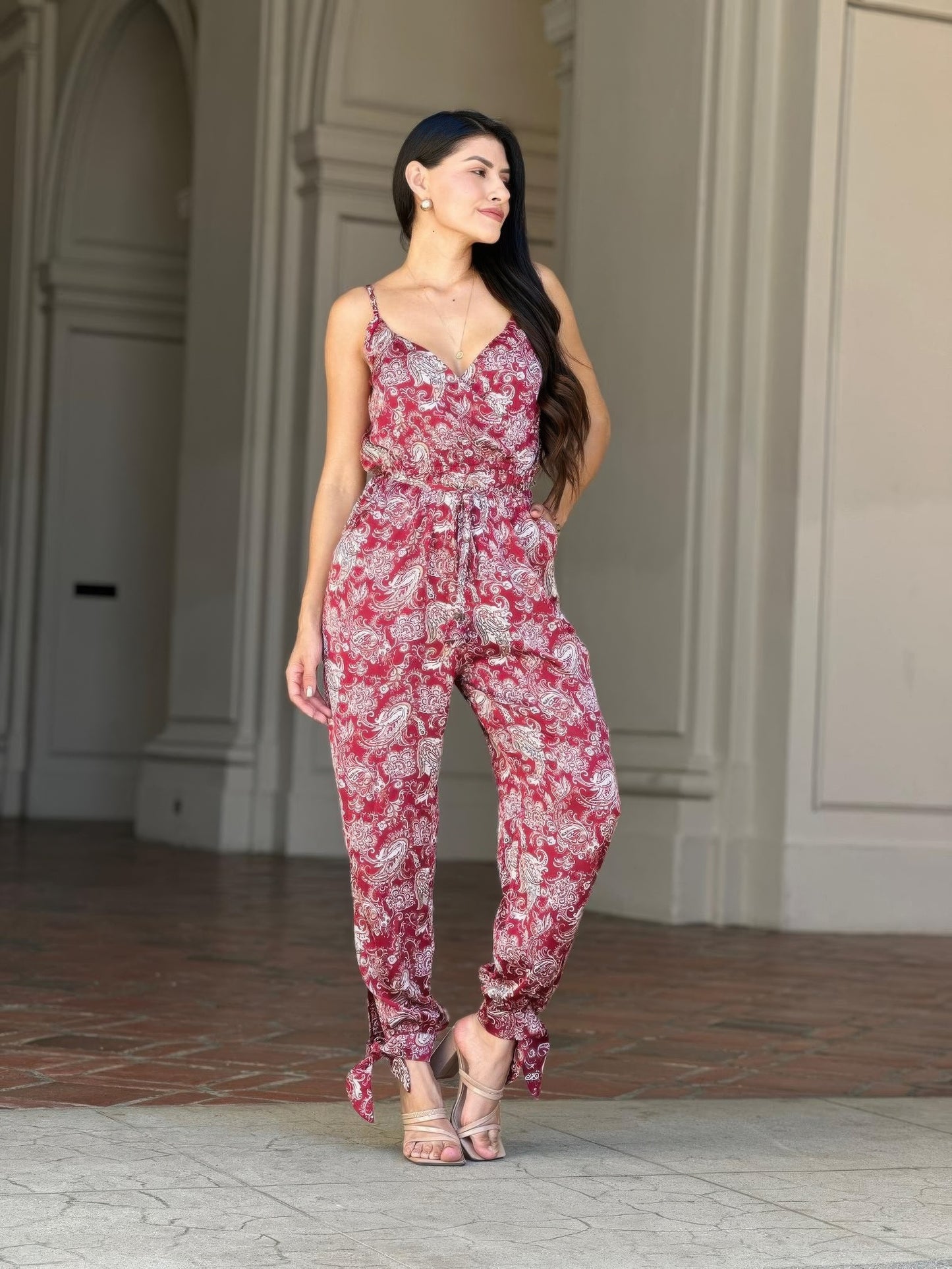 Women's Paisley Print Jumpsuit, Lightweight Wide-Leg Boho Summer Outfit, Wine - Image 4