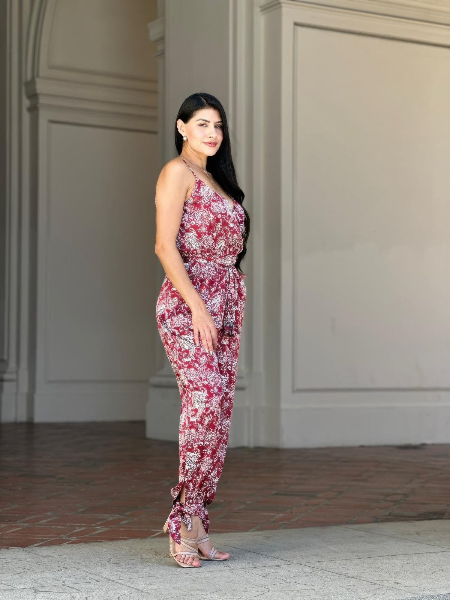 Women's Paisley Print Jumpsuit, Lightweight Wide-Leg Boho Summer Outfit, Wine - Image 5