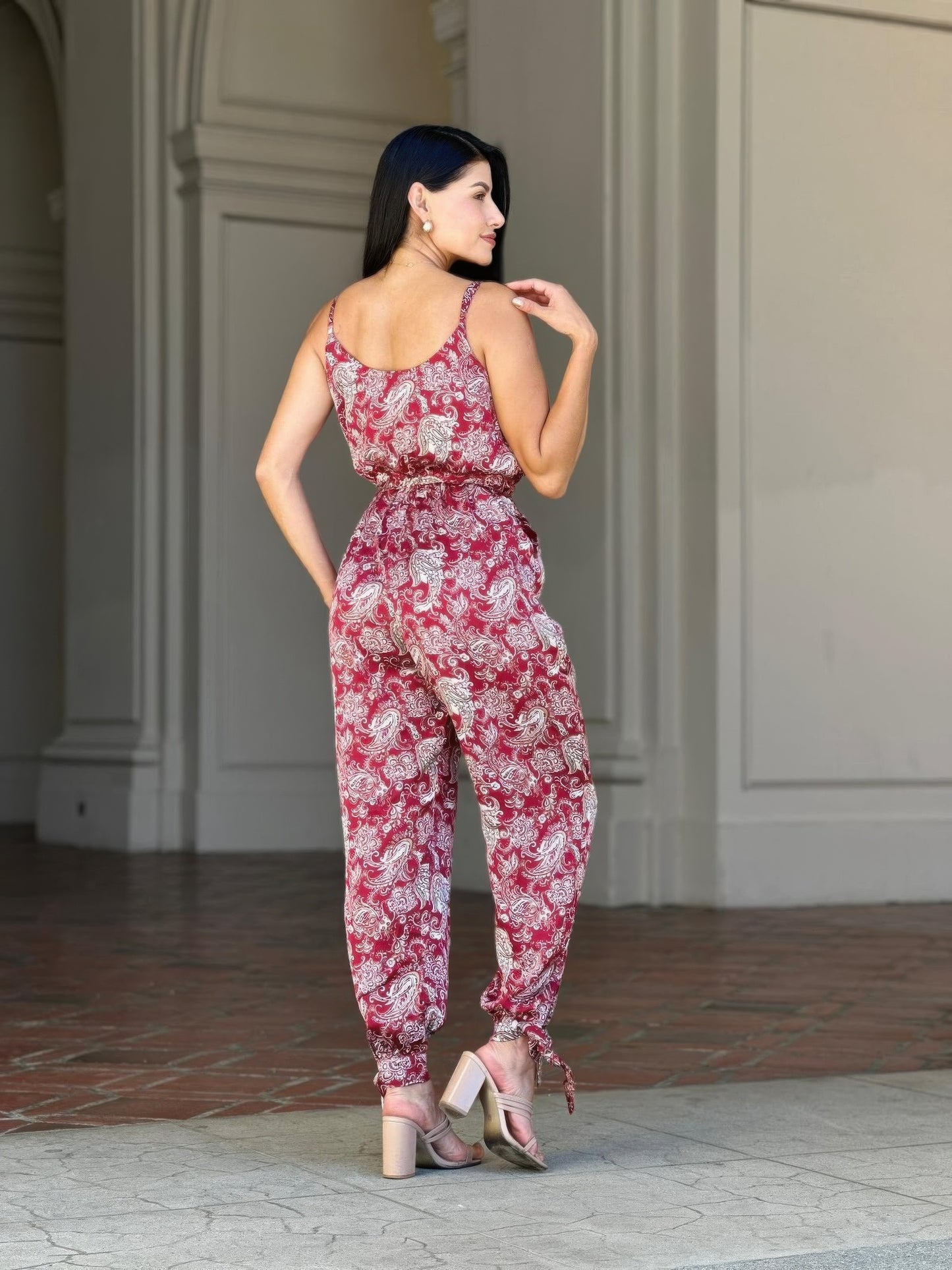 Women's Paisley Print Jumpsuit, Lightweight Wide-Leg Boho Summer Outfit, Wine - Image 6