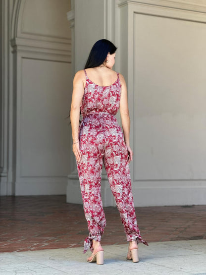 Women's Paisley Print Jumpsuit, Lightweight Wide-Leg Boho Summer Outfit, Wine - Image 7