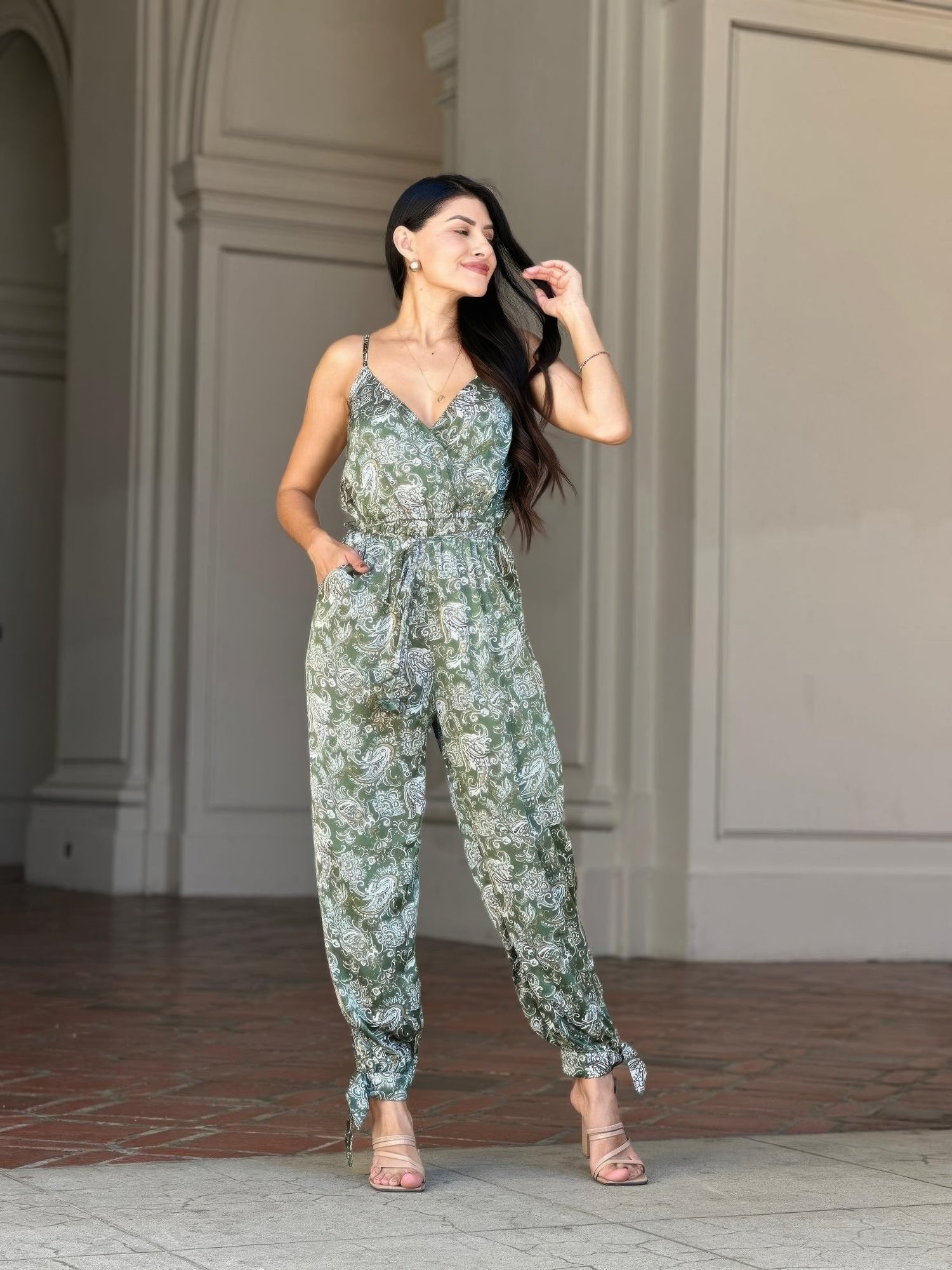 Women's Paisley Print Jumpsuit, Wide-Leg Sleeveless Boho Summer Outfit, Green