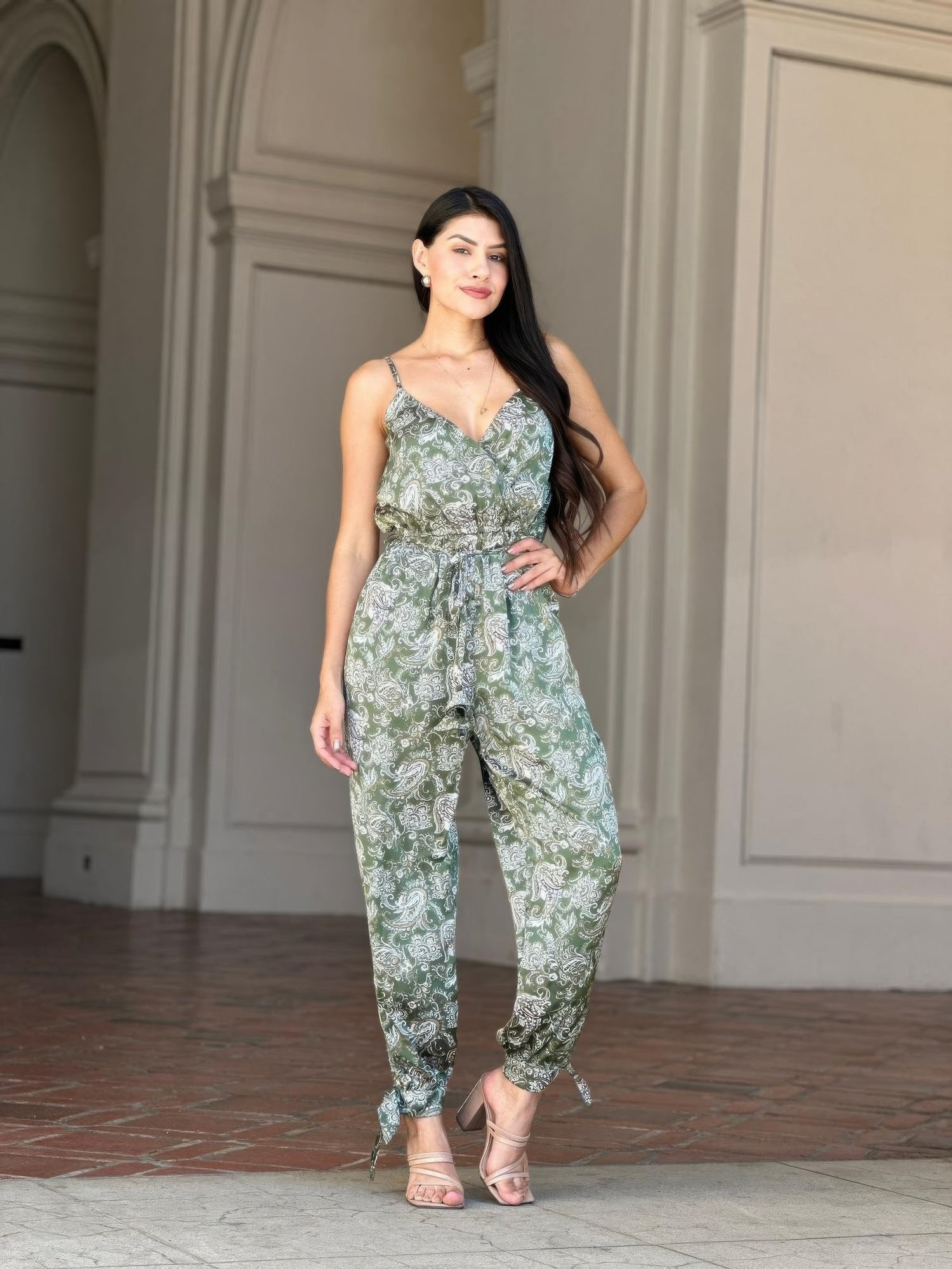 Women's Paisley Print Jumpsuit, Wide-Leg Sleeveless Boho Summer Outfit, Green - Image 2