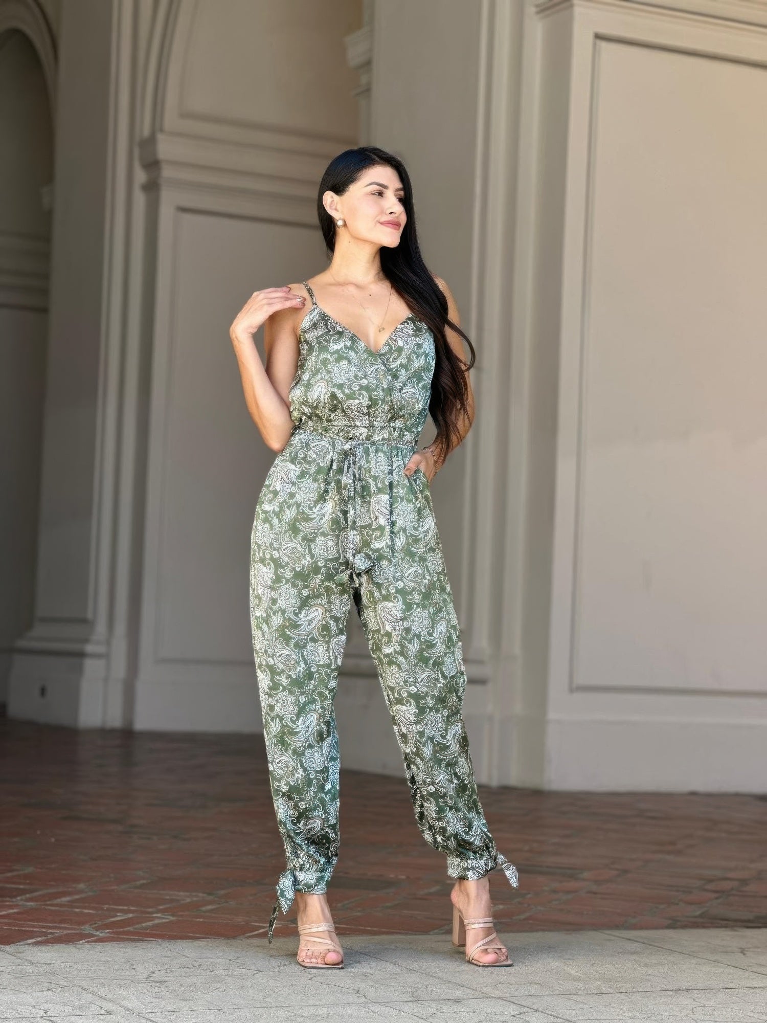 Women's Paisley Print Jumpsuit, Wide-Leg Sleeveless Boho Summer Outfit, Green - Image 3
