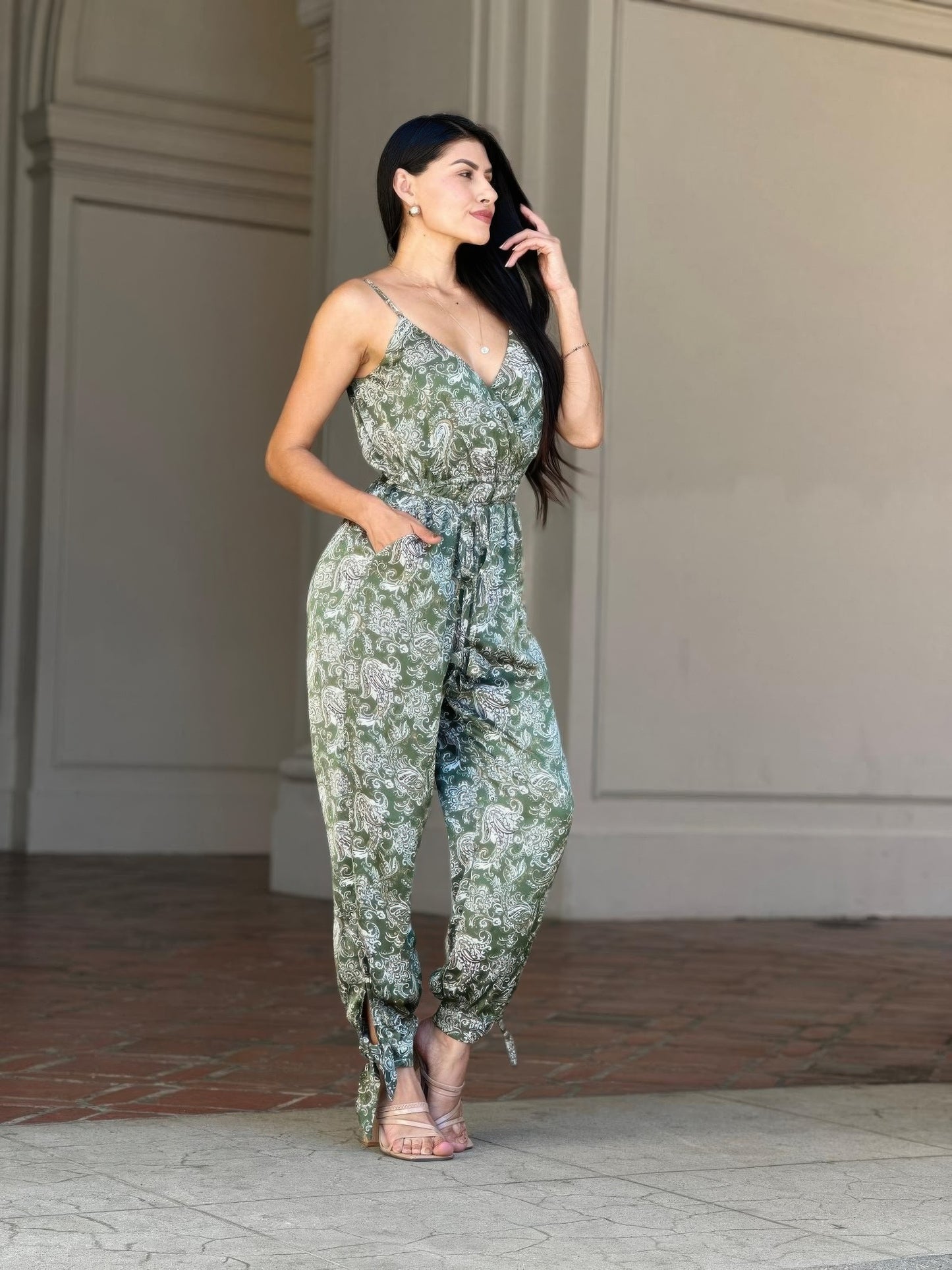 Women's Paisley Print Jumpsuit, Wide-Leg Sleeveless Boho Summer Outfit, Green - Image 4