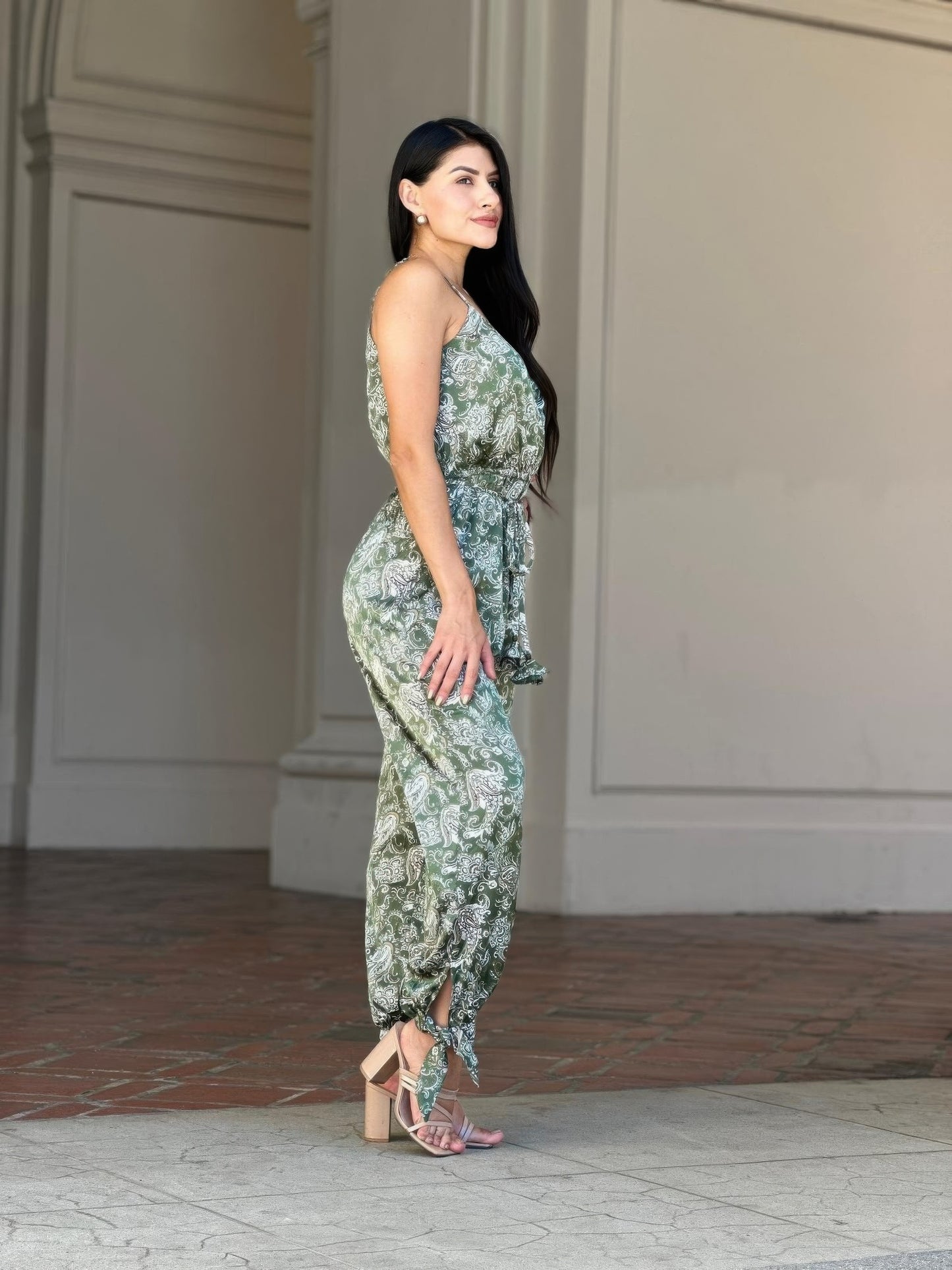 Women's Paisley Print Jumpsuit, Wide-Leg Sleeveless Boho Summer Outfit, Green - Image 6