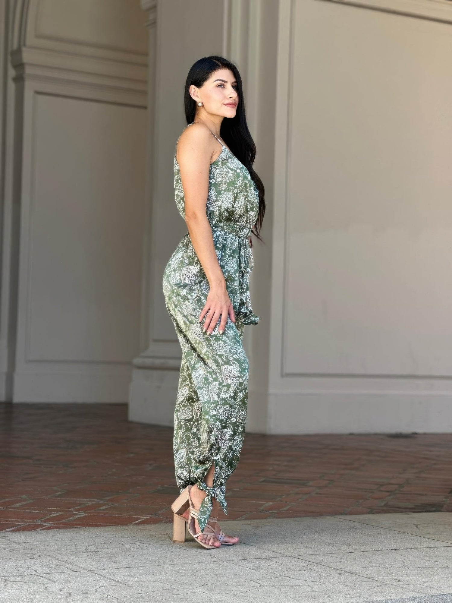 Women's Paisley Print Jumpsuit, Wide-Leg Sleeveless Boho Summer Outfit, Green - Image 6
