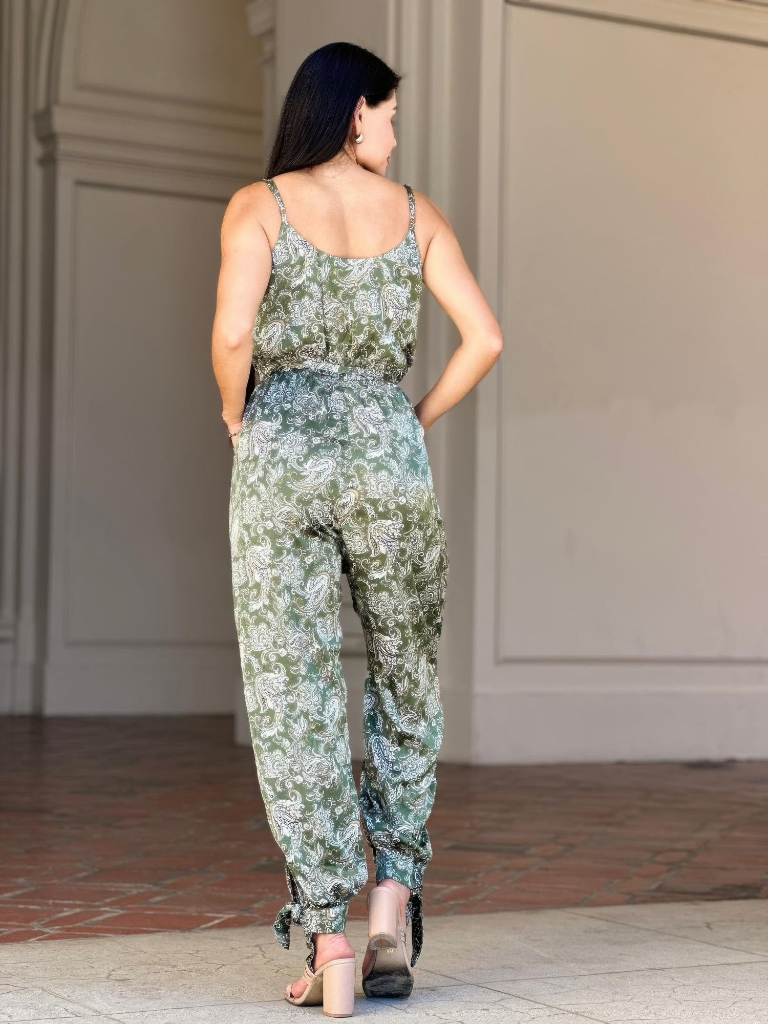 Women's Paisley Print Jumpsuit, Wide-Leg Sleeveless Boho Summer Outfit, Green - Image 8
