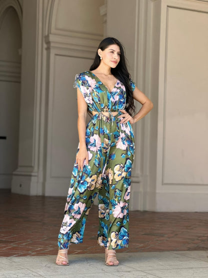 Satin Floral Women's Jumpsuit | Elegant Cut-Out Design, Lightweight - Image 2