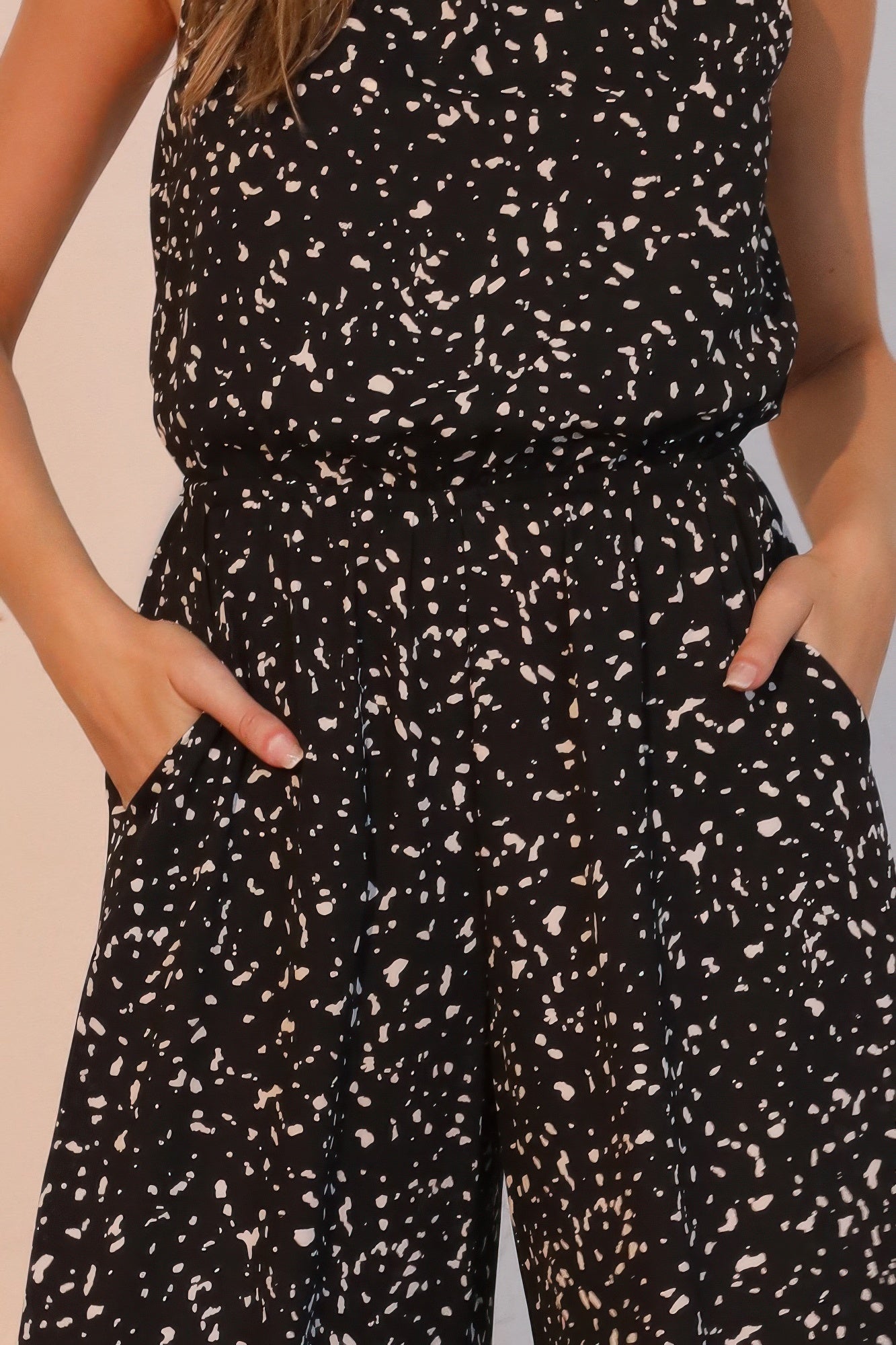 Women's Abstract Print Jumpsuit, Lightweight Wide-Leg Sleeveless Summer, Black - Image 4