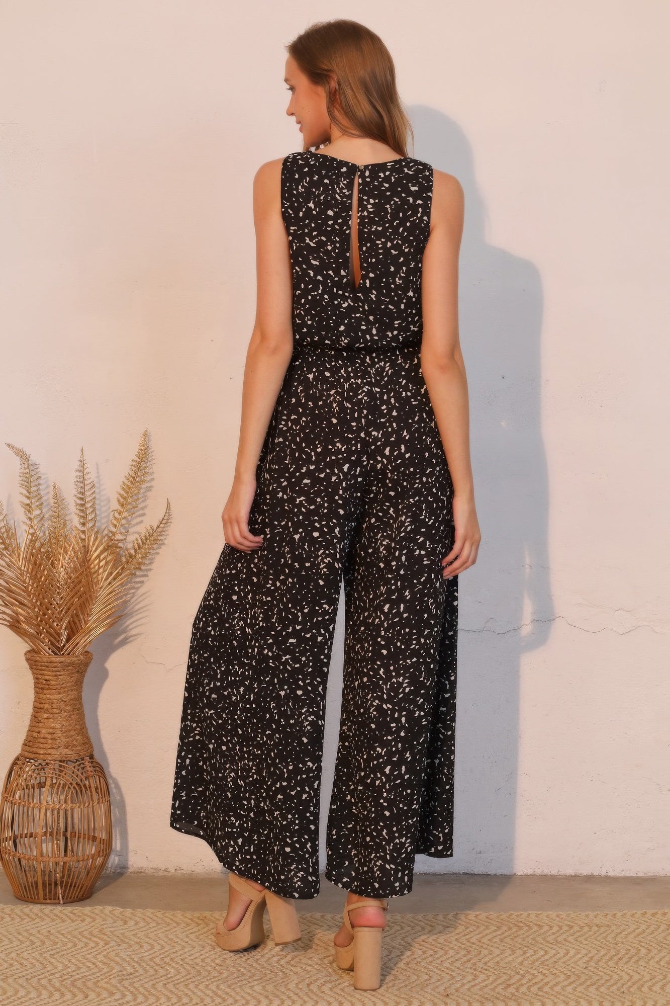 Women's Abstract Print Jumpsuit, Lightweight Wide-Leg Sleeveless Summer, Black - Image 5