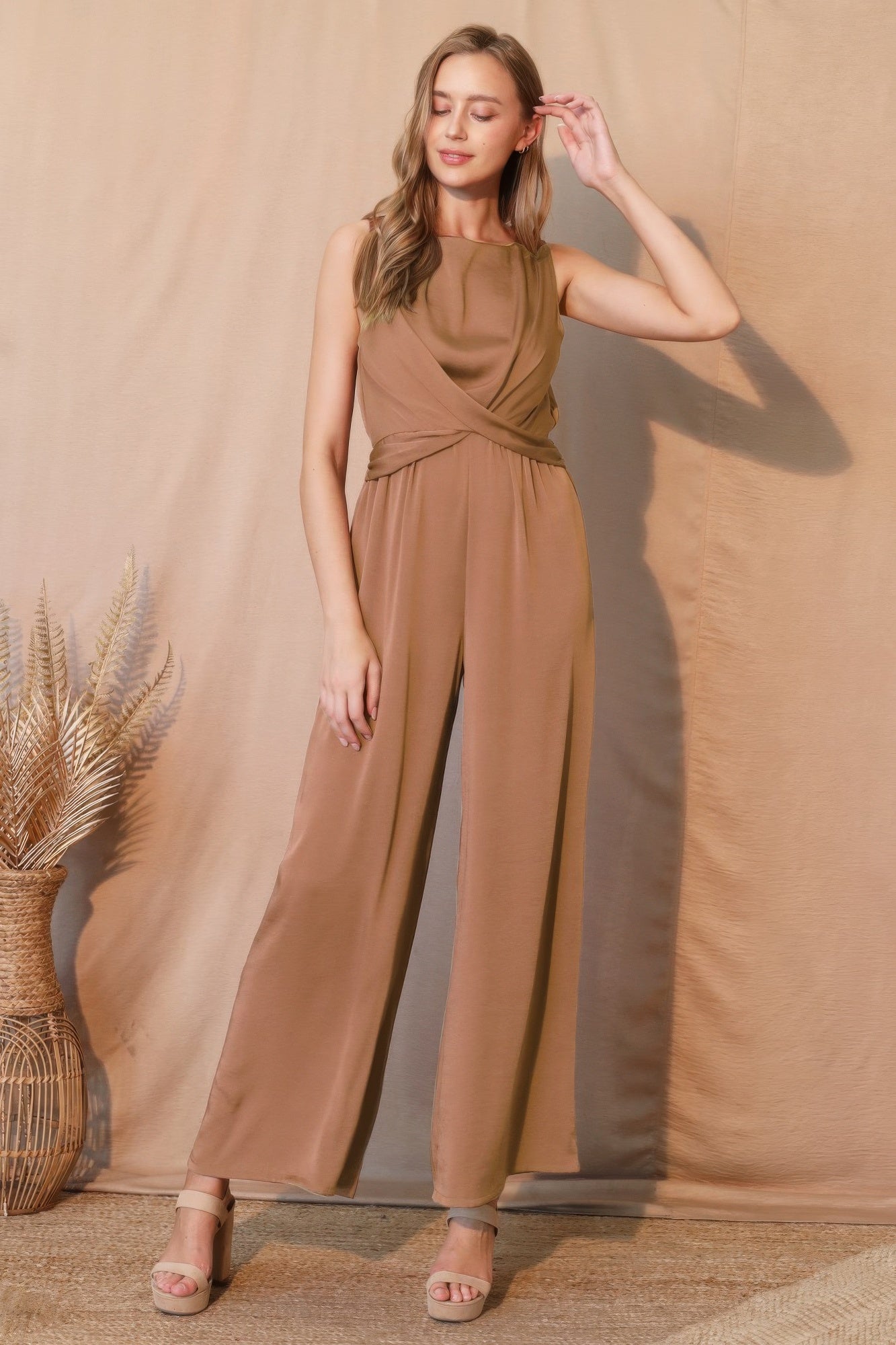 Women's Twist-Front Jumpsuit, Sleeveless Wide-Leg Cocktail Party Outfit, Cafe Brown