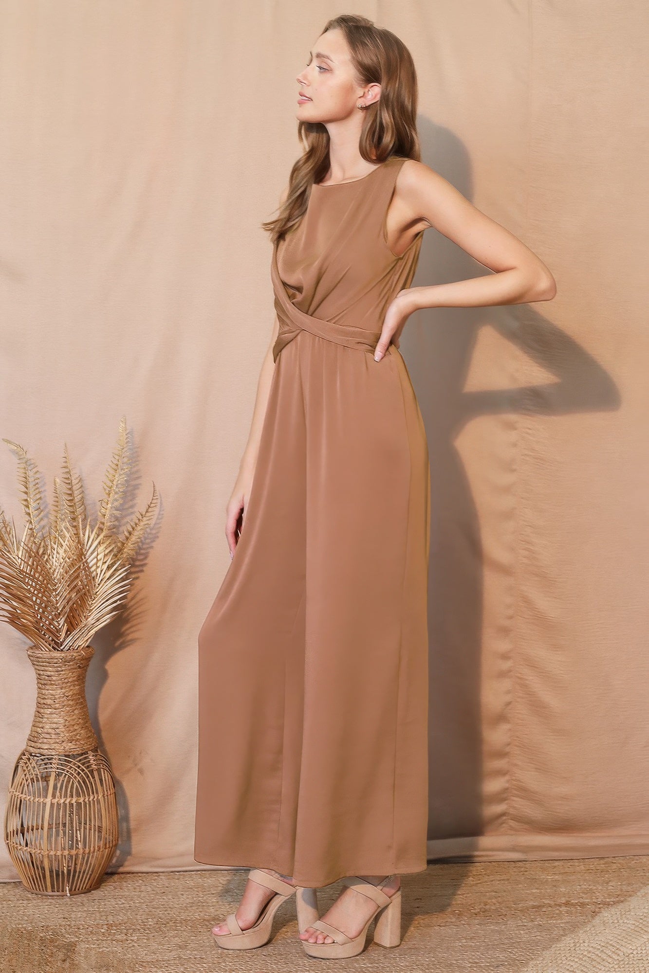 Women's Twist-Front Jumpsuit, Sleeveless Wide-Leg Cocktail Party Outfit, Cafe Brown - Image 2