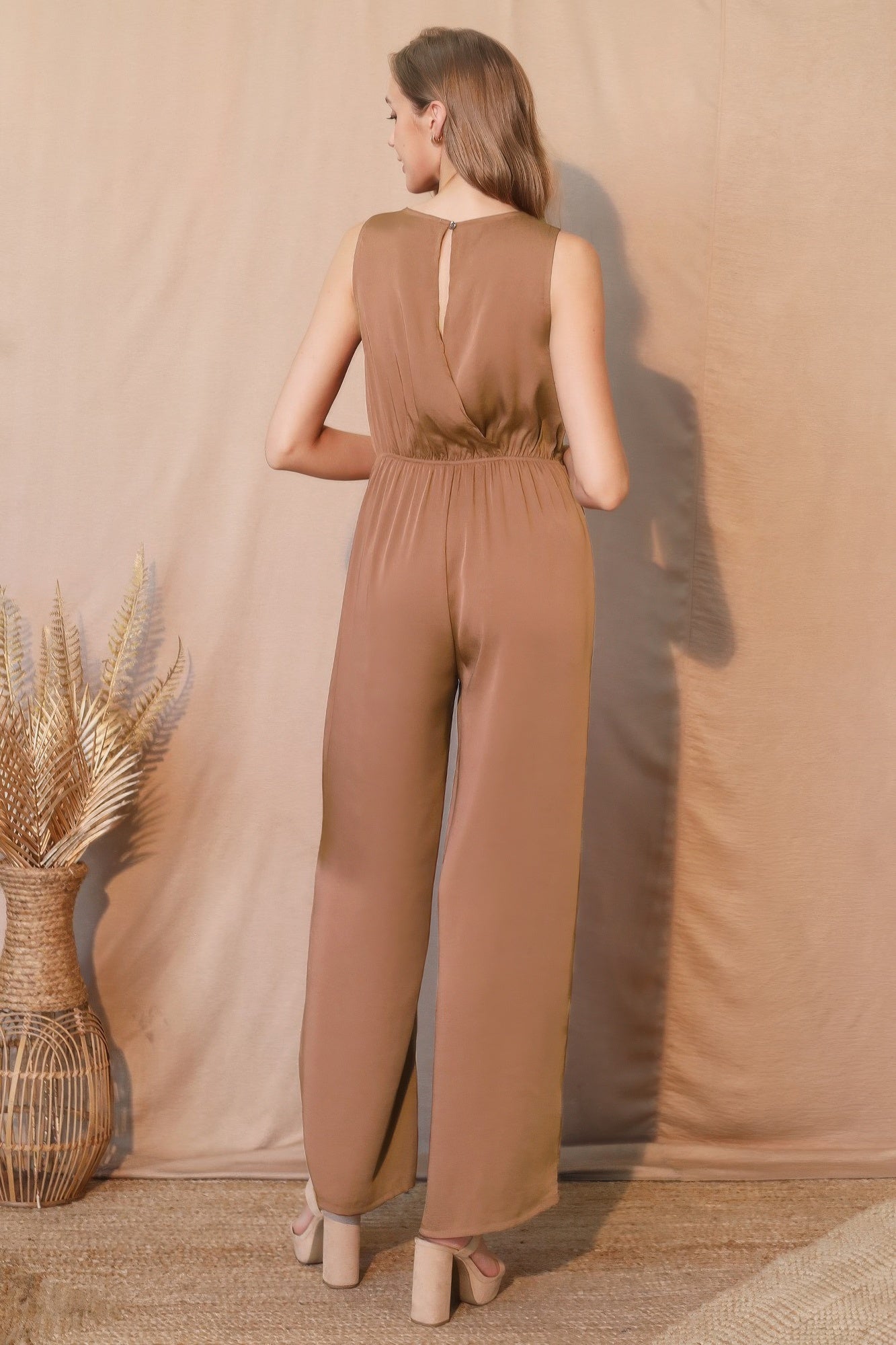 Women's Twist-Front Jumpsuit, Sleeveless Wide-Leg Cocktail Party Outfit, Cafe Brown - Image 3