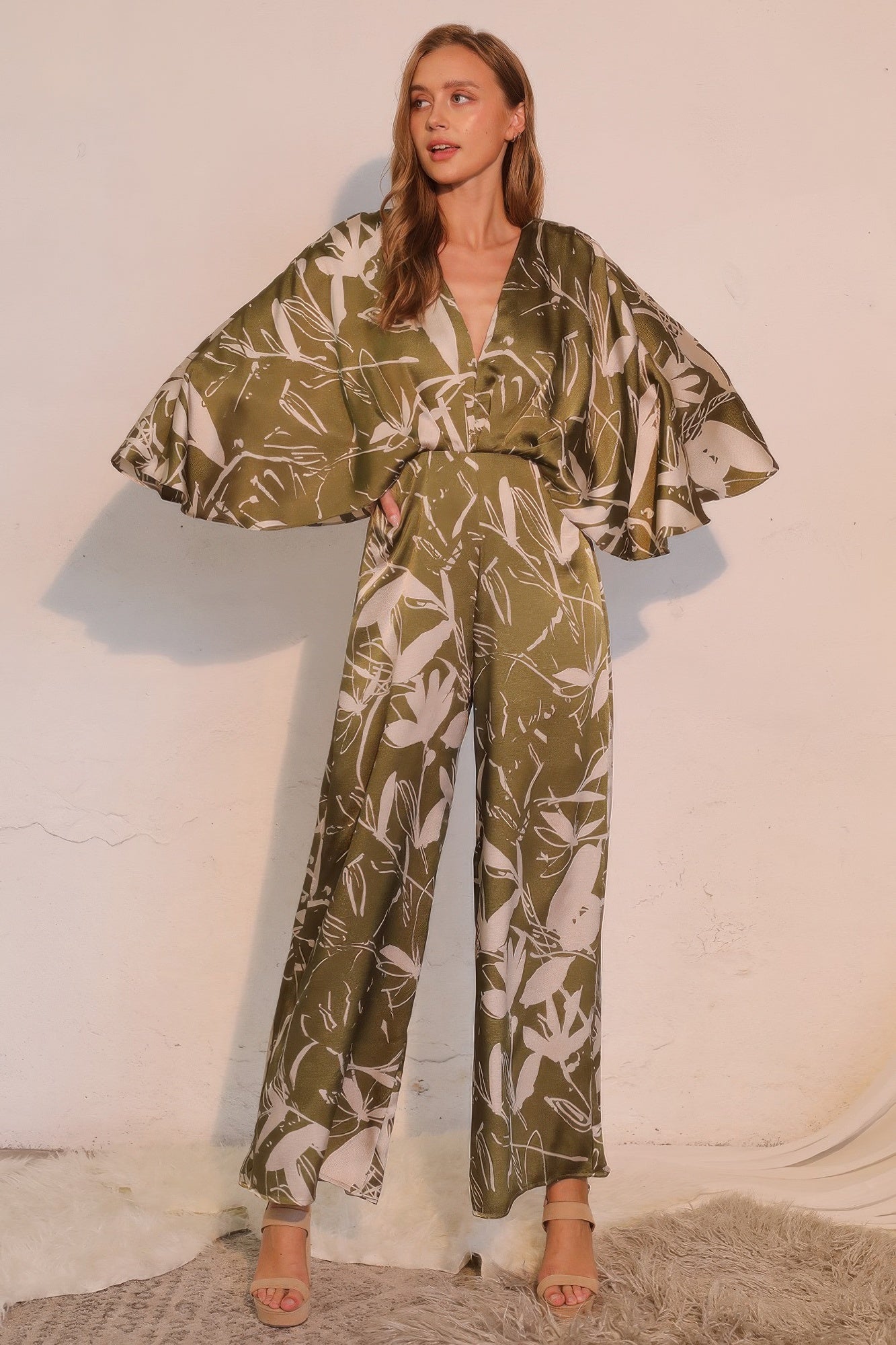 Women's Satin Cape-Overlay Jumpsuit, Elegant Wide-Leg Formal Evening Gown, Olive