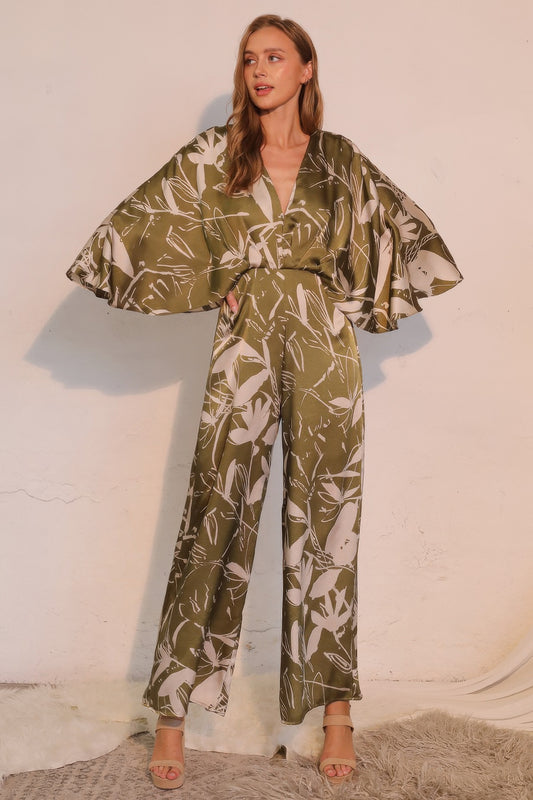 Women's Satin Cape-Overlay Jumpsuit, Elegant Wide-Leg Formal Evening Gown, Olive