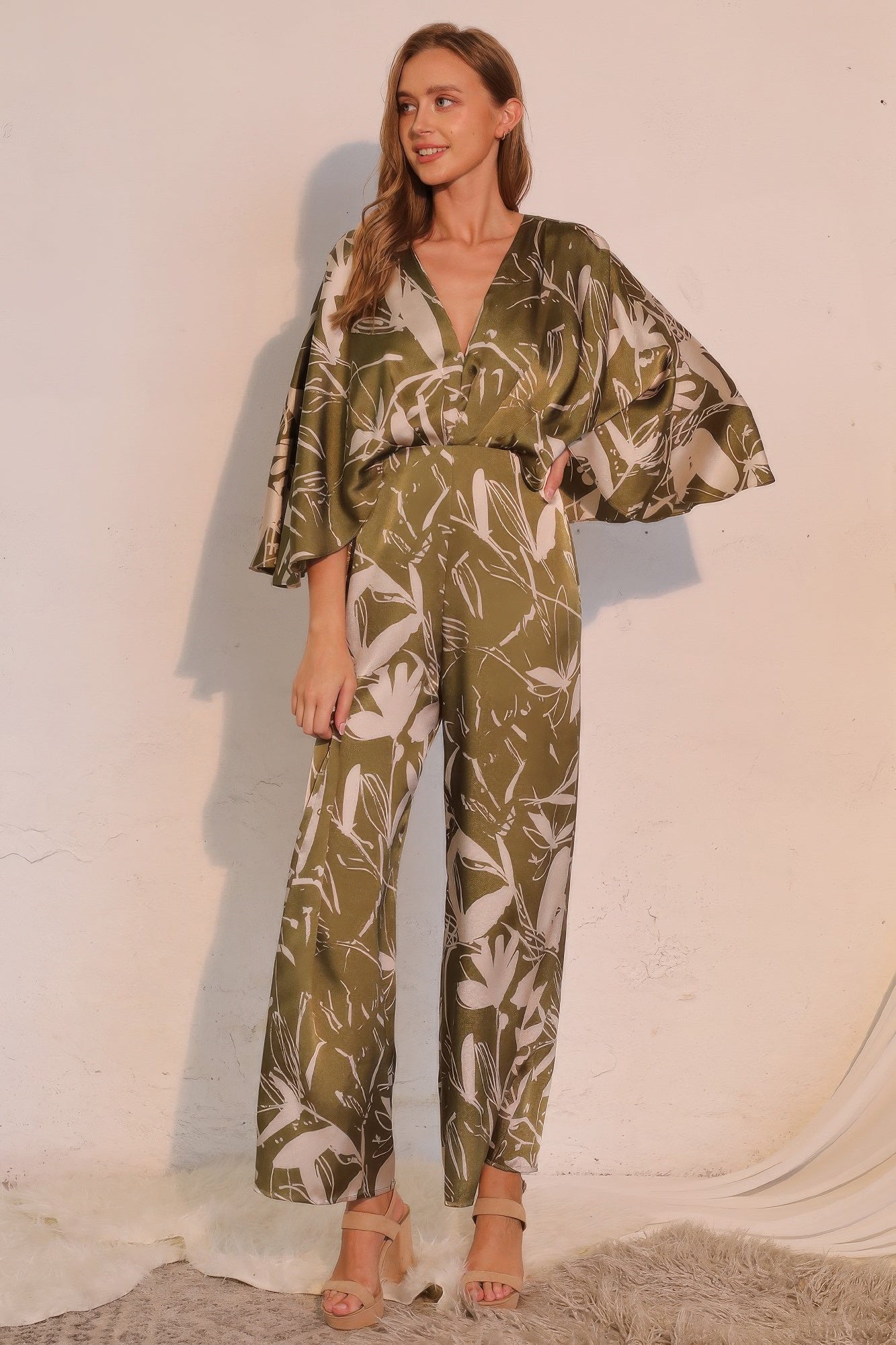 Women's Satin Cape-Overlay Jumpsuit, Elegant Wide-Leg Formal Evening Gown, Olive - Image 2