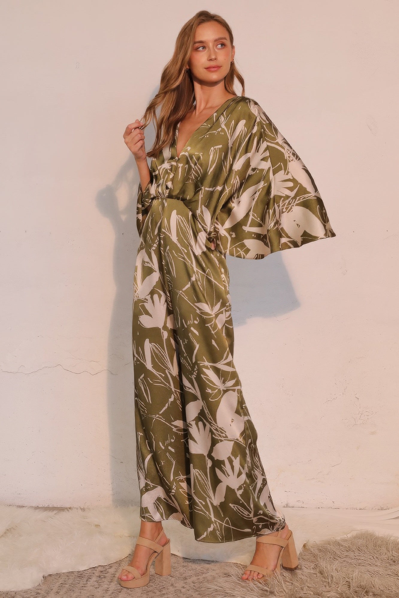 Women's Satin Cape-Overlay Jumpsuit, Elegant Wide-Leg Formal Evening Gown, Olive - Image 3