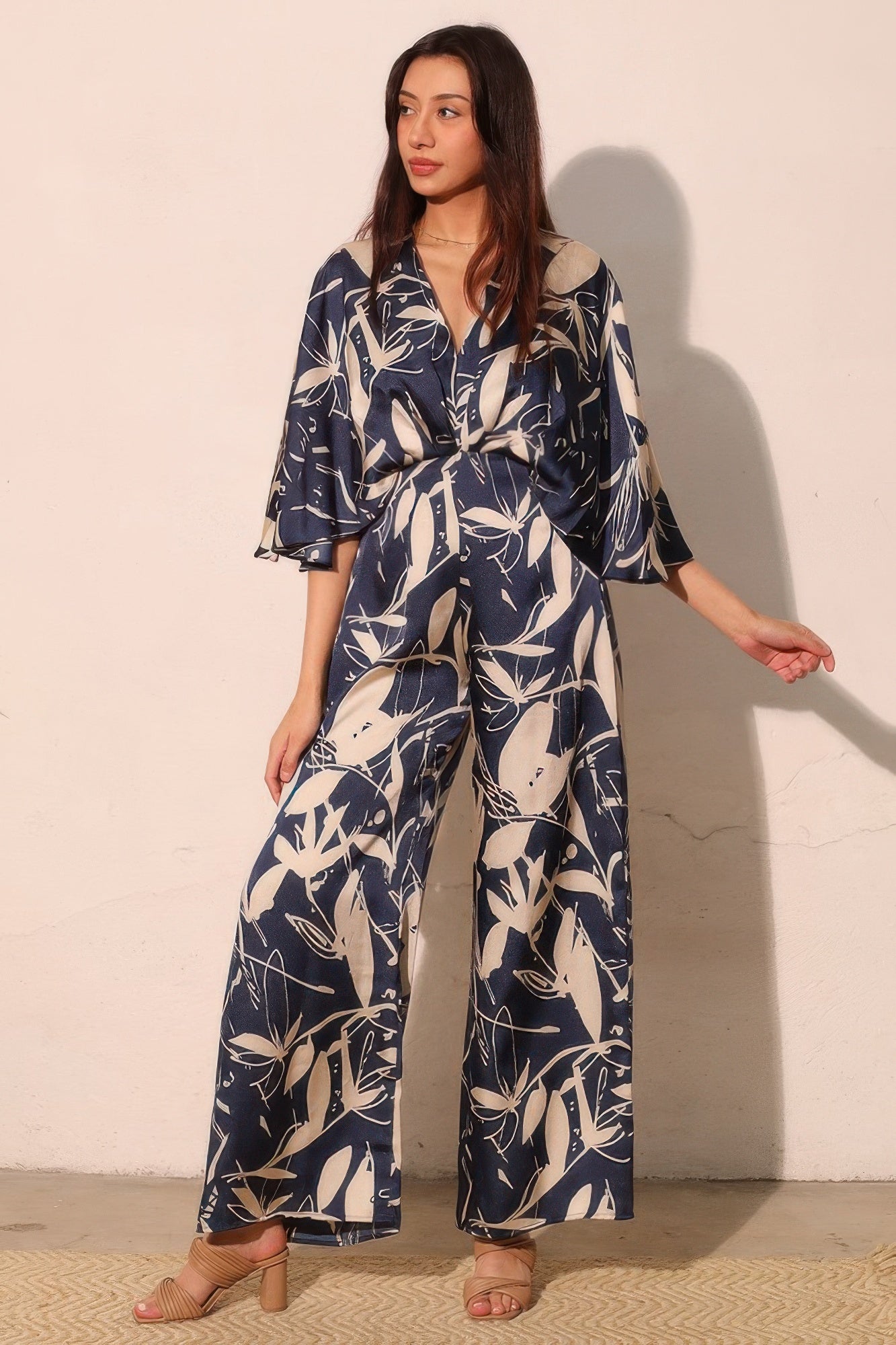 Women's Satin Cape-Overlay Jumpsuit, Elegant Wide-Leg Formal Evening Gown, Navy