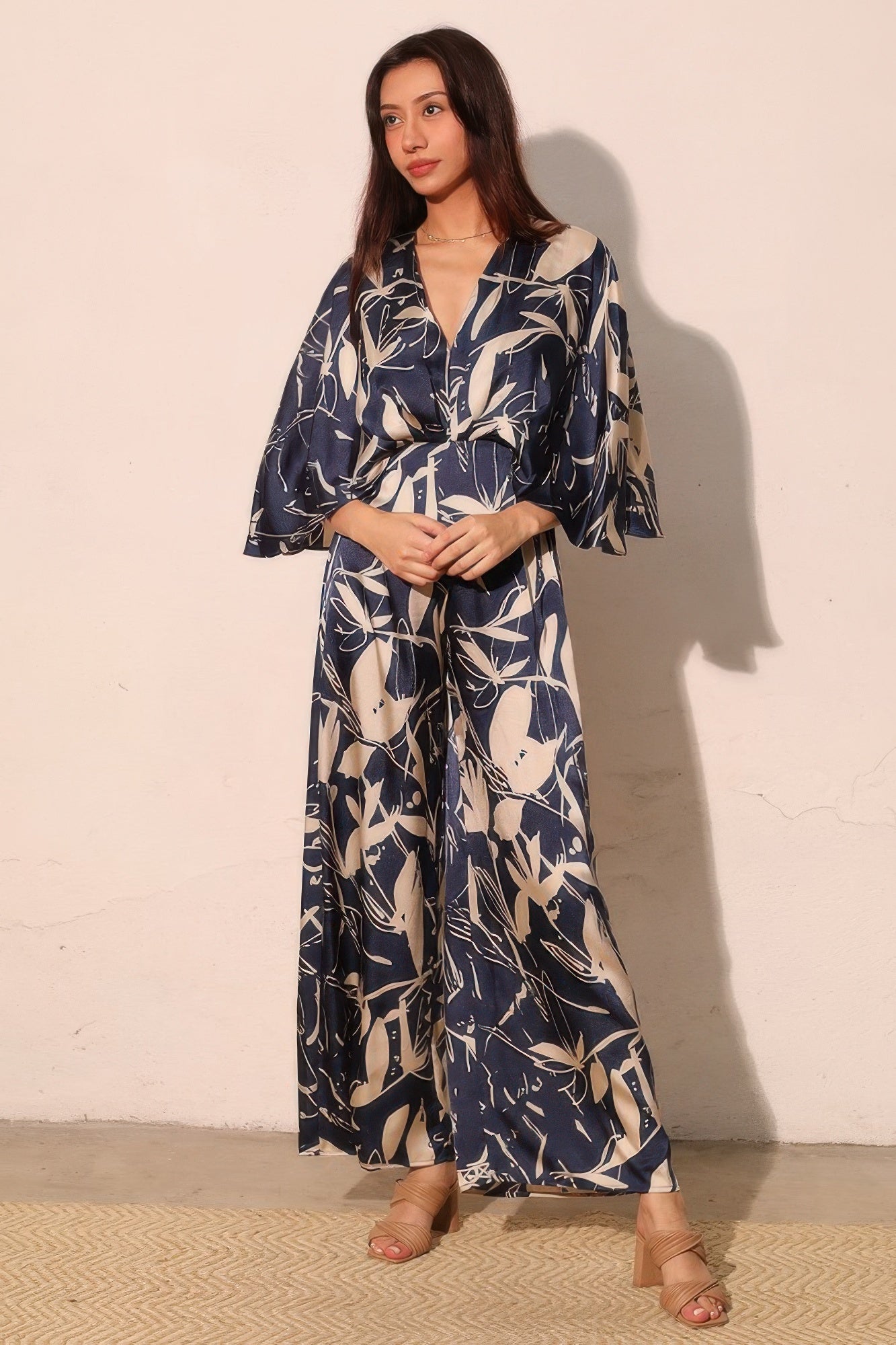 Women's Satin Cape-Overlay Jumpsuit, Elegant Wide-Leg Formal Evening Gown, Navy - Image 2