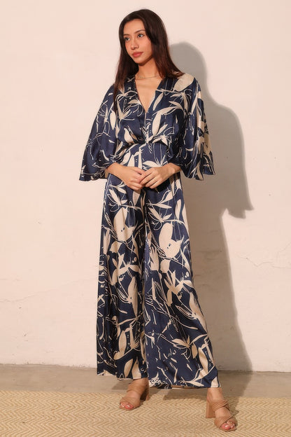 Women's Satin Cape-Overlay Jumpsuit, Elegant Wide-Leg Formal Evening Gown, Navy - Image 2