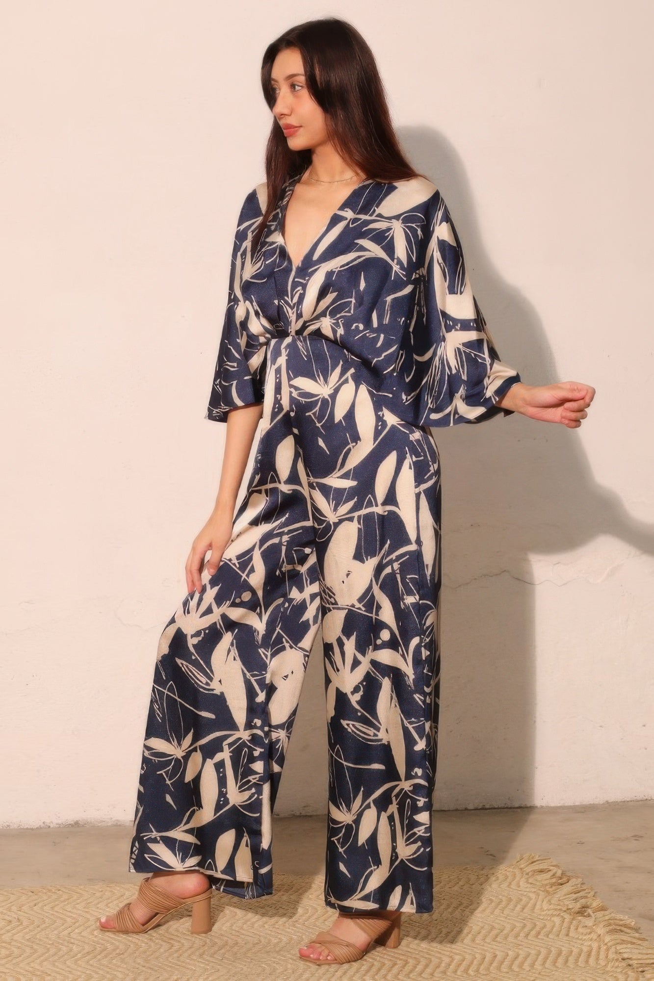 Women's Satin Cape-Overlay Jumpsuit, Elegant Wide-Leg Formal Evening Gown, Navy - Image 3