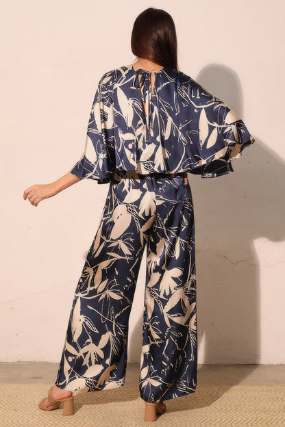 Women's Satin Cape-Overlay Jumpsuit, Elegant Wide-Leg Formal Evening Gown, Navy - Image 4