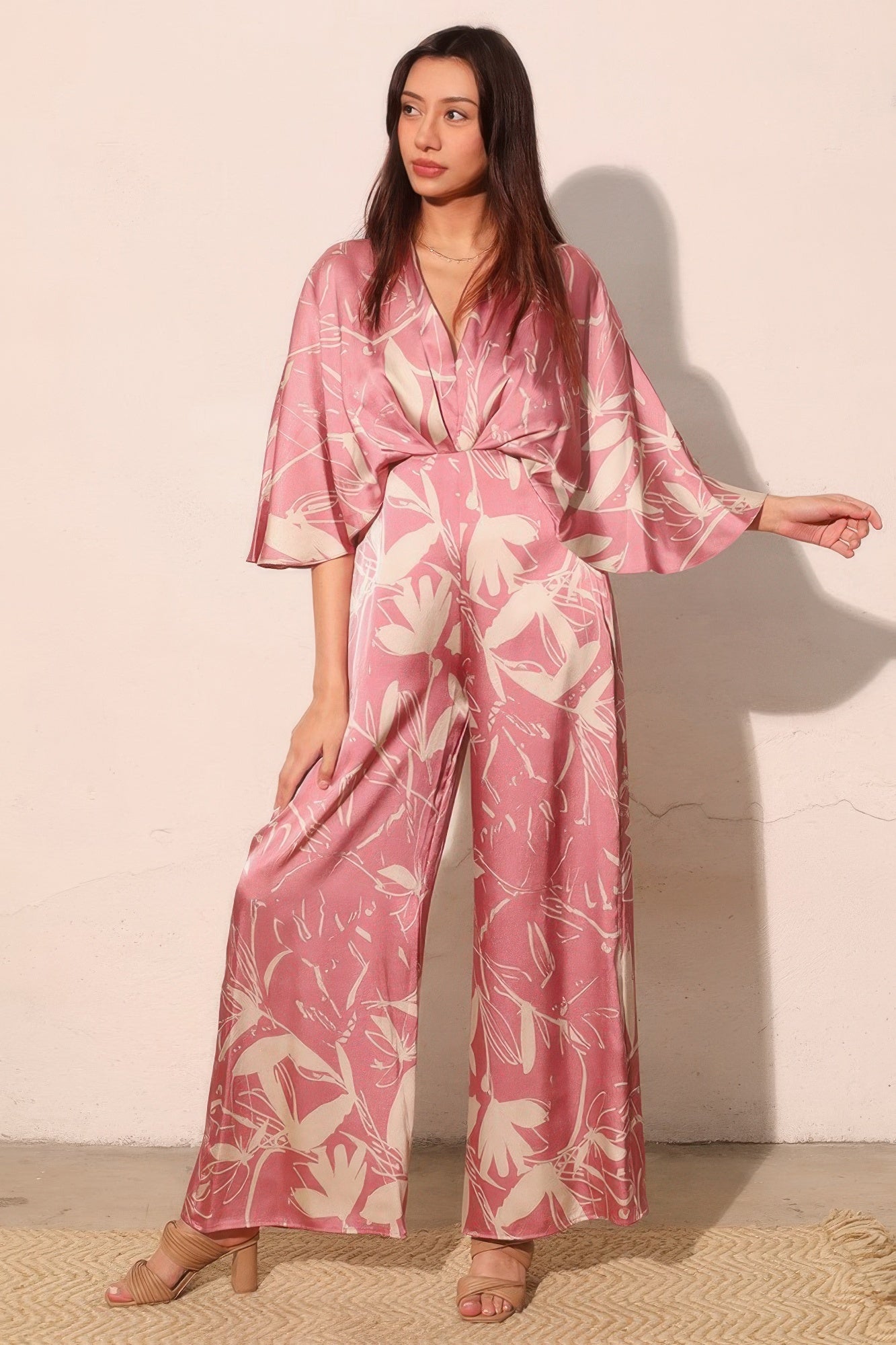 Women's Satin Cape-Overlay Jumpsuit, Elegant Wide-Leg Formal Evening Gown, Pink - Image 2