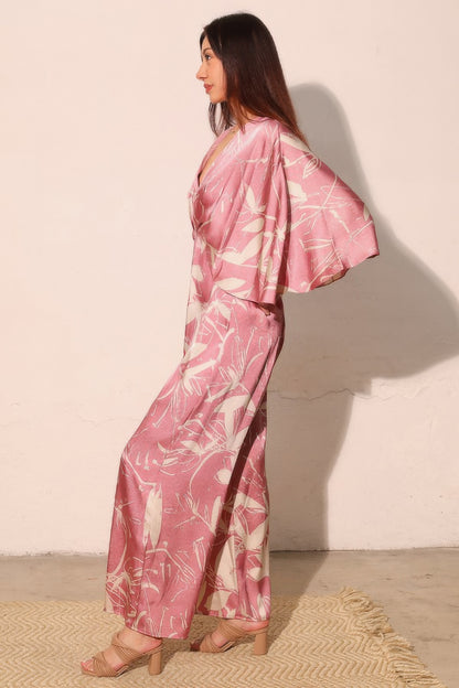 Women's Satin Cape-Overlay Jumpsuit, Elegant Wide-Leg Formal Evening Gown, Pink - Image 4