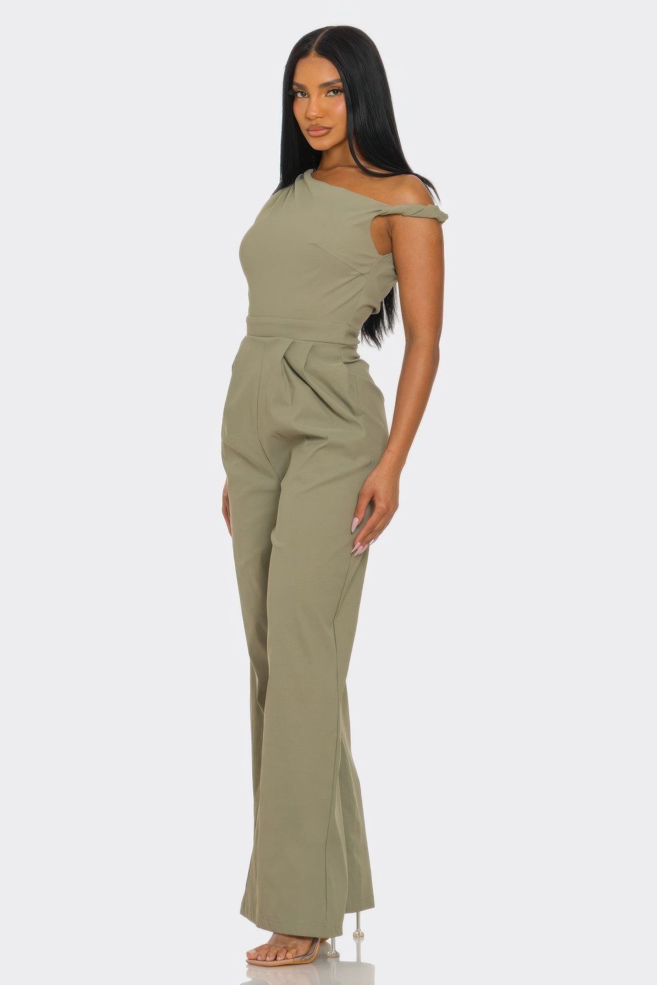 Women's One-Shoulder Jumpsuit, Wide-Leg Sleeveless Cocktail Evening Outfit, Khaki - Image 2