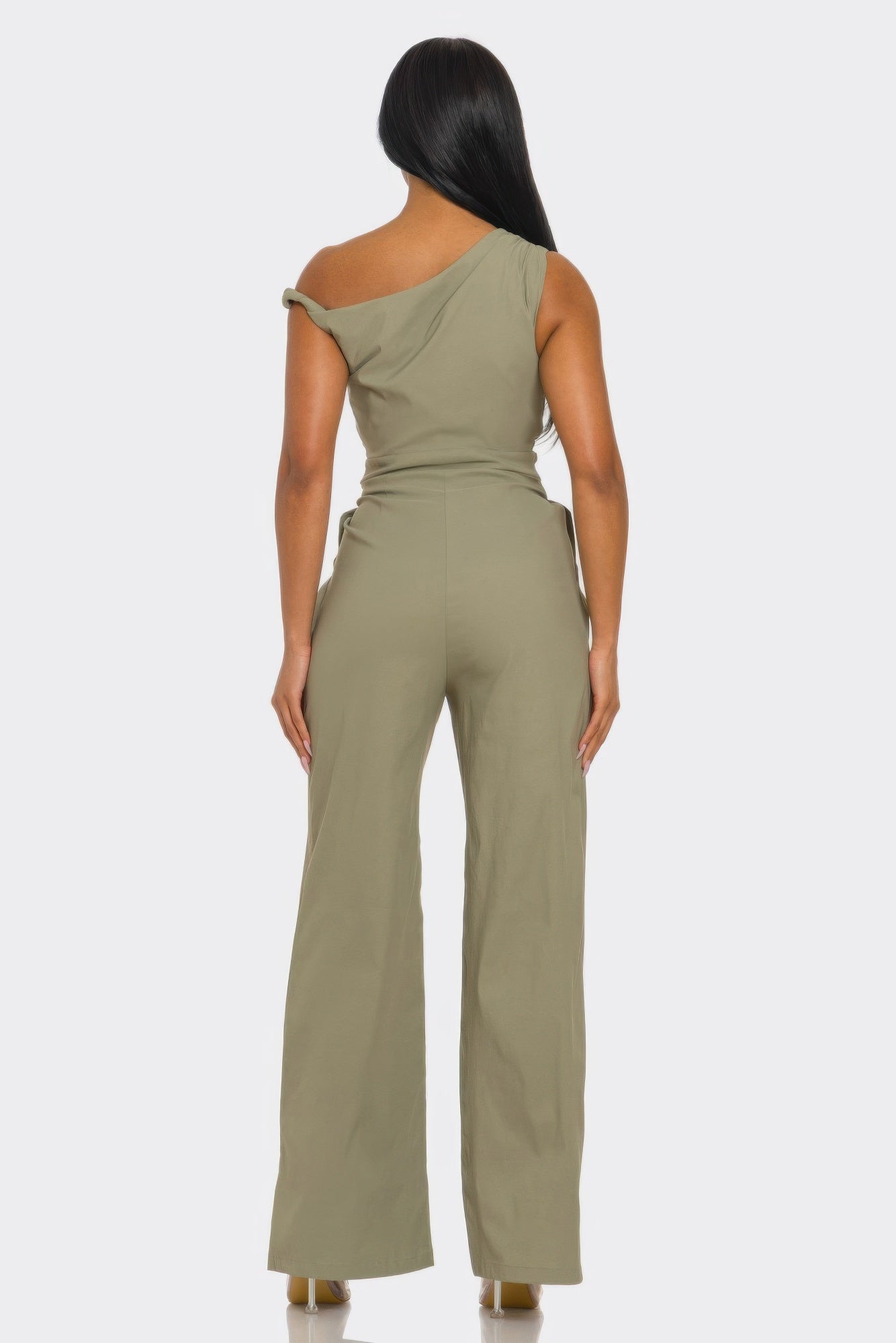 Women's One-Shoulder Jumpsuit, Wide-Leg Sleeveless Cocktail Evening Outfit, Khaki - Image 4