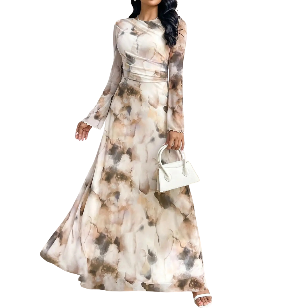 Women's Tie-Dye Mesh Print Long Sleeve Dress in Multicolor – front view | Hensley London