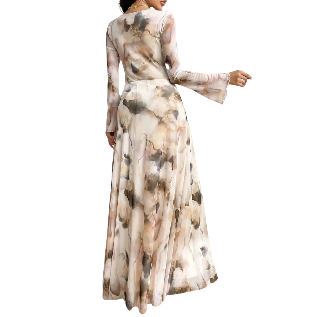 Women's Tie-Dye Mesh Print Long Sleeve Dress in Multicolor – back view | Hensley London