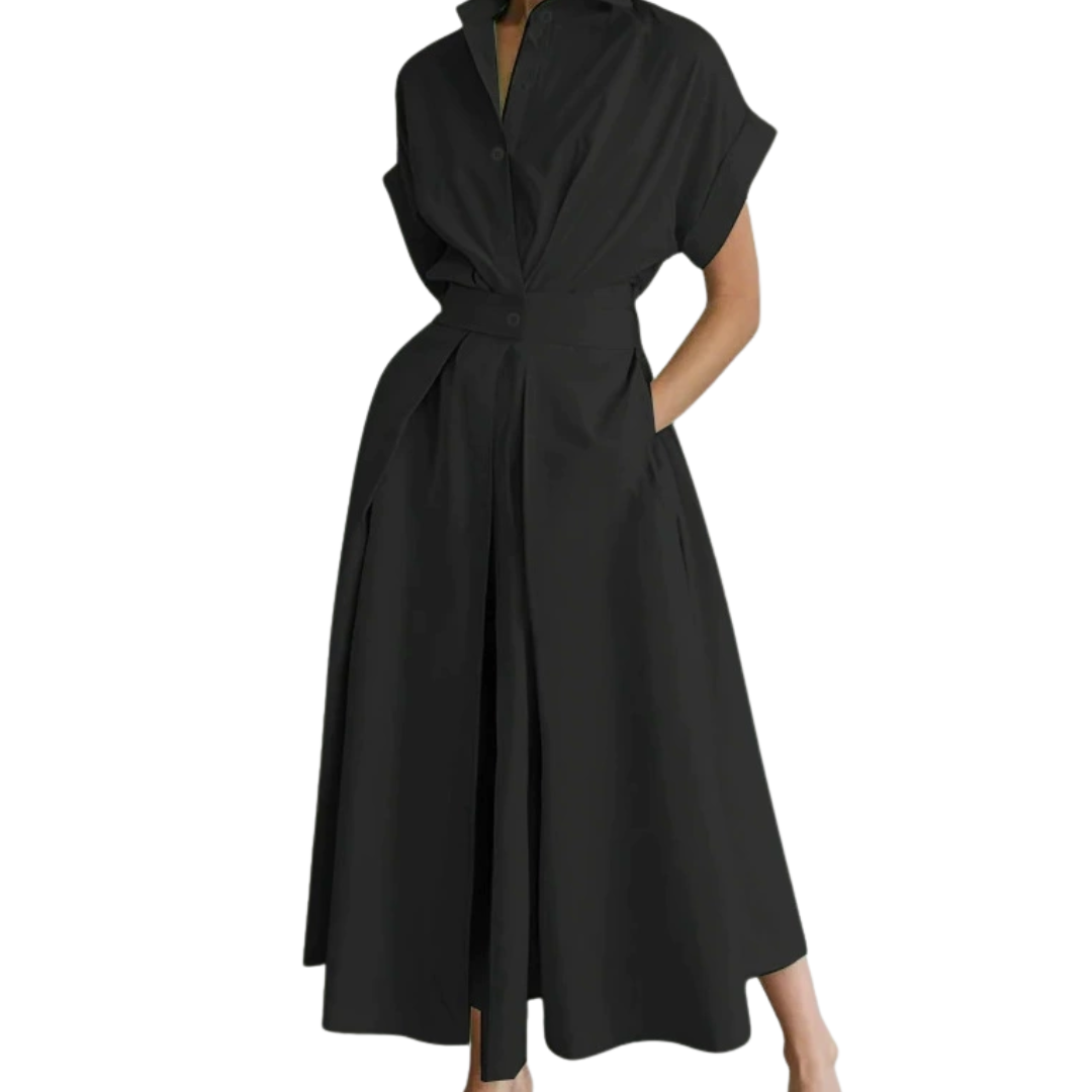 Women's Polished Lapel Shirt Dress in Black – front view | Hensley London