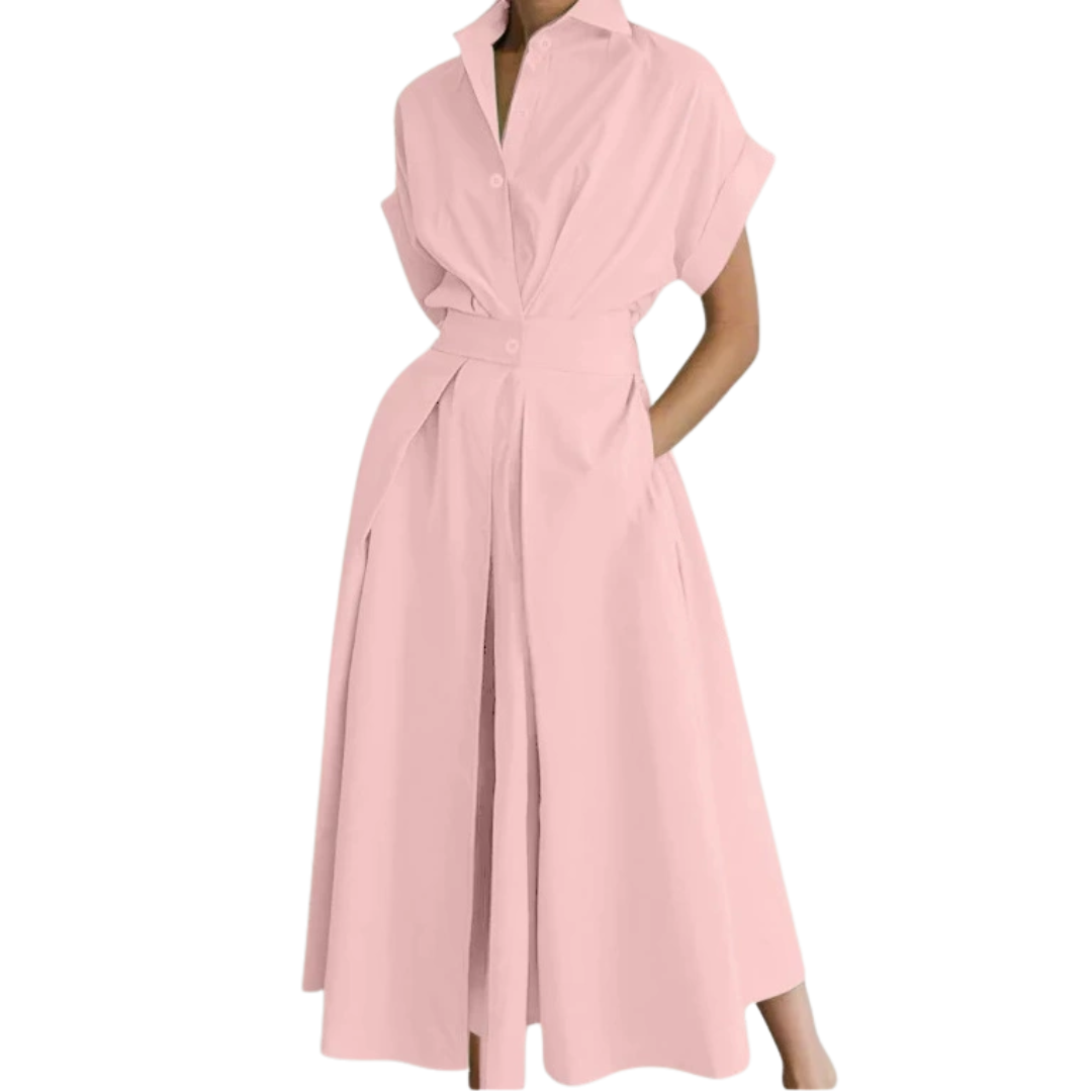 Women's Polished Lapel Shirt Dress in Pink – side view | Hensley London