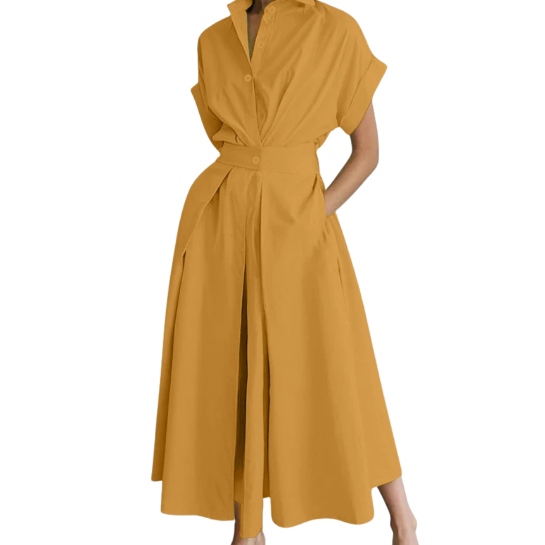 Women's Polished Lapel Shirt Dress in Yellow – front view | Hensley London