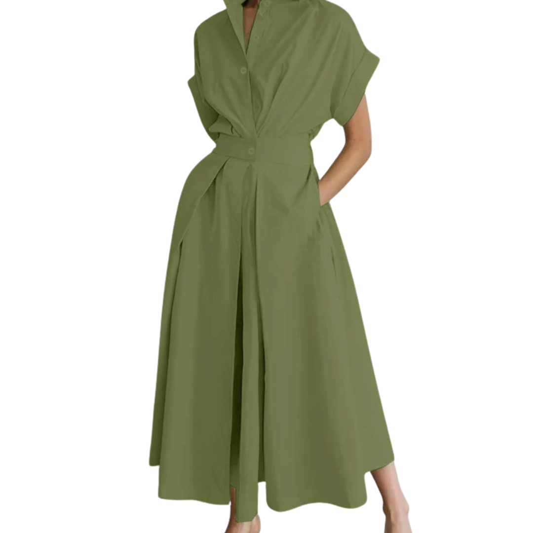 Women's Polished Lapel Shirt Dress in Army Green – detail view | Hensley London