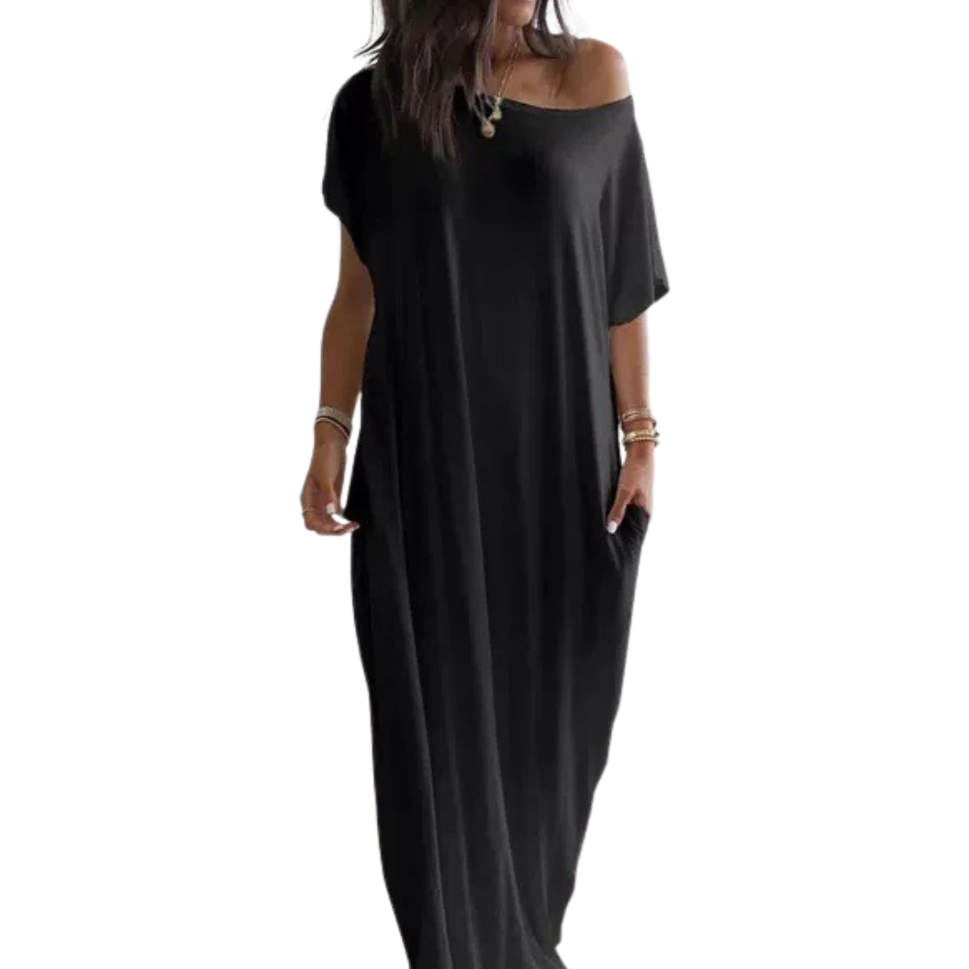 Women's Batwing Sleeve Soft Lounge Dress in Black – front view | Hensley London