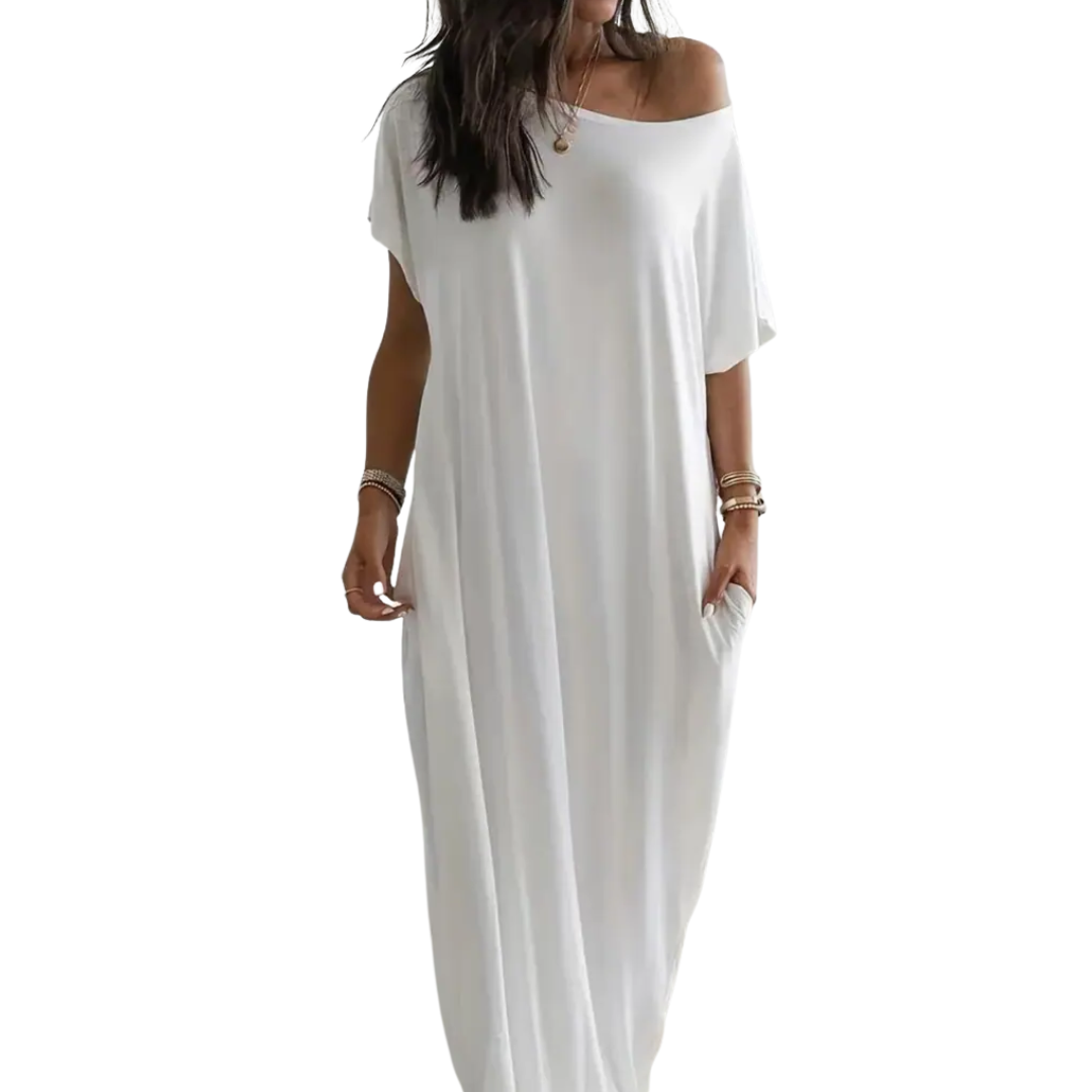 Women's Batwing Sleeve Soft Lounge Dress in Off White – front view | Hensley London