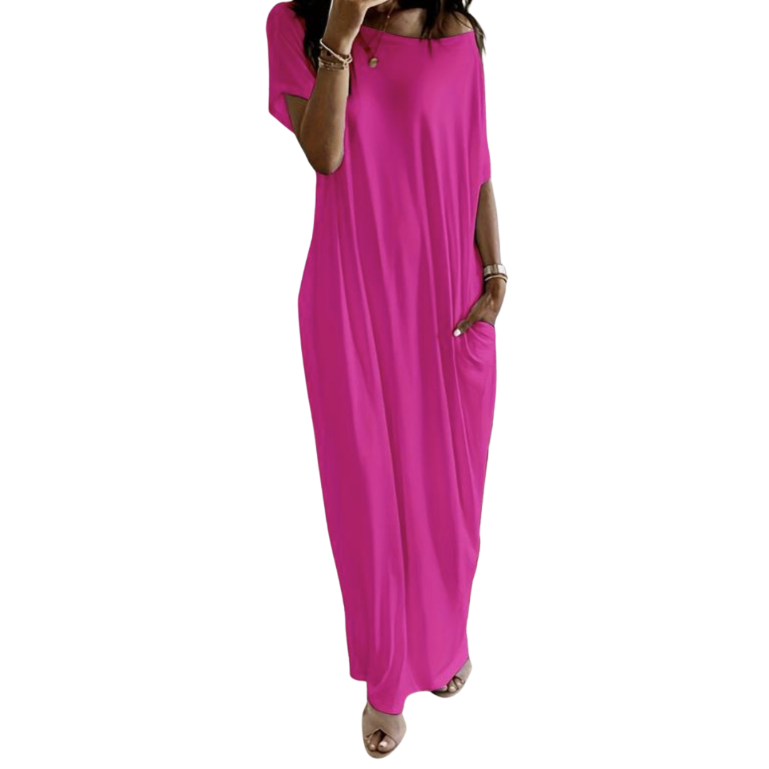 Women's Batwing Sleeve Soft Lounge Dress in Hot Pink – front view | Hensley London