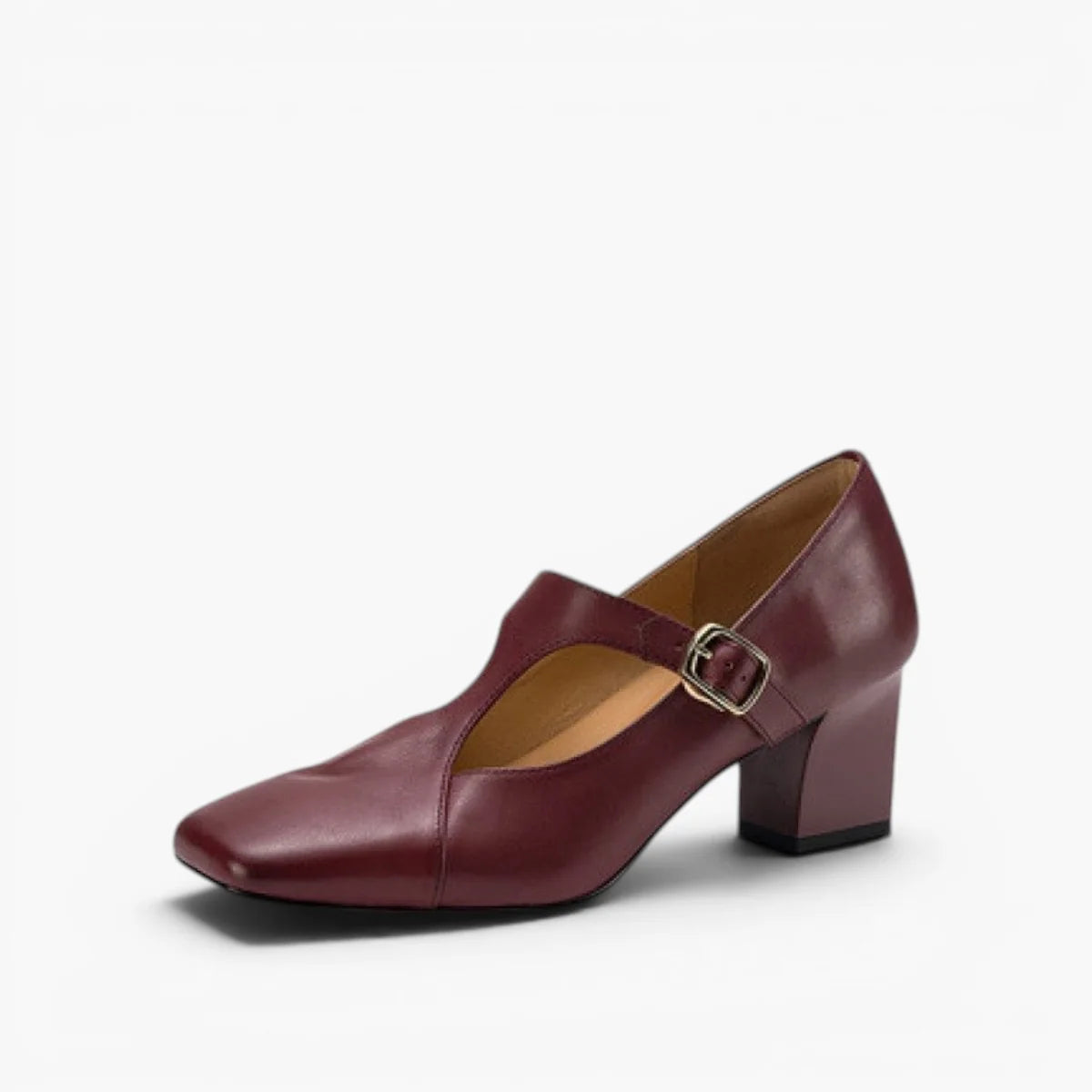 Women's Square-Toe T-Bar Block Heels in Bordeaux Wine – product view | Hensley London