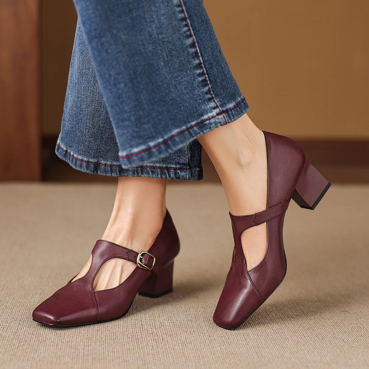 Women's Square-Toe T-Bar Block Heels – product view | Hensley London