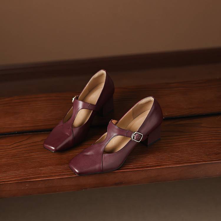 Women's Square-Toe T-Bar Block Heels – product view | Hensley London