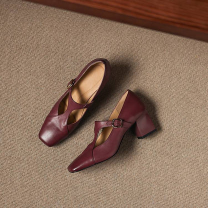 Women's Square-Toe T-Bar Block Heels – product view | Hensley London